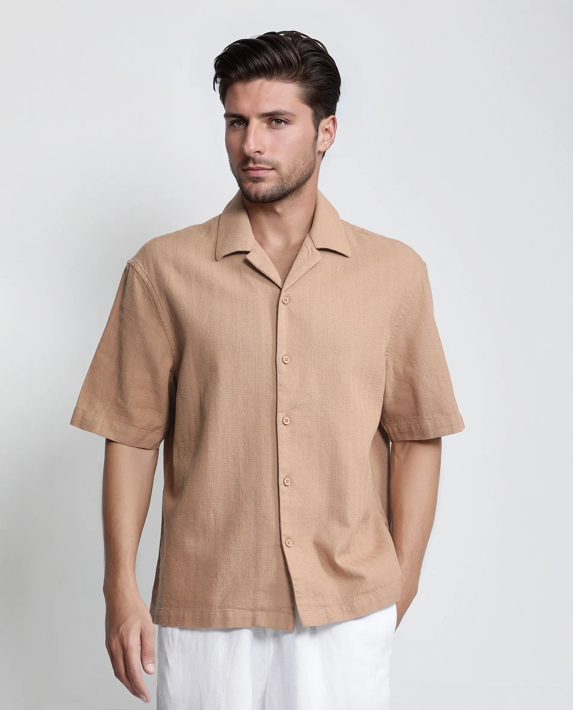 Rare Rabbit Men's Astur Brown Cotton Fabric Short Sleeve Cuban Collar Boxy Fit Textured Shirt
