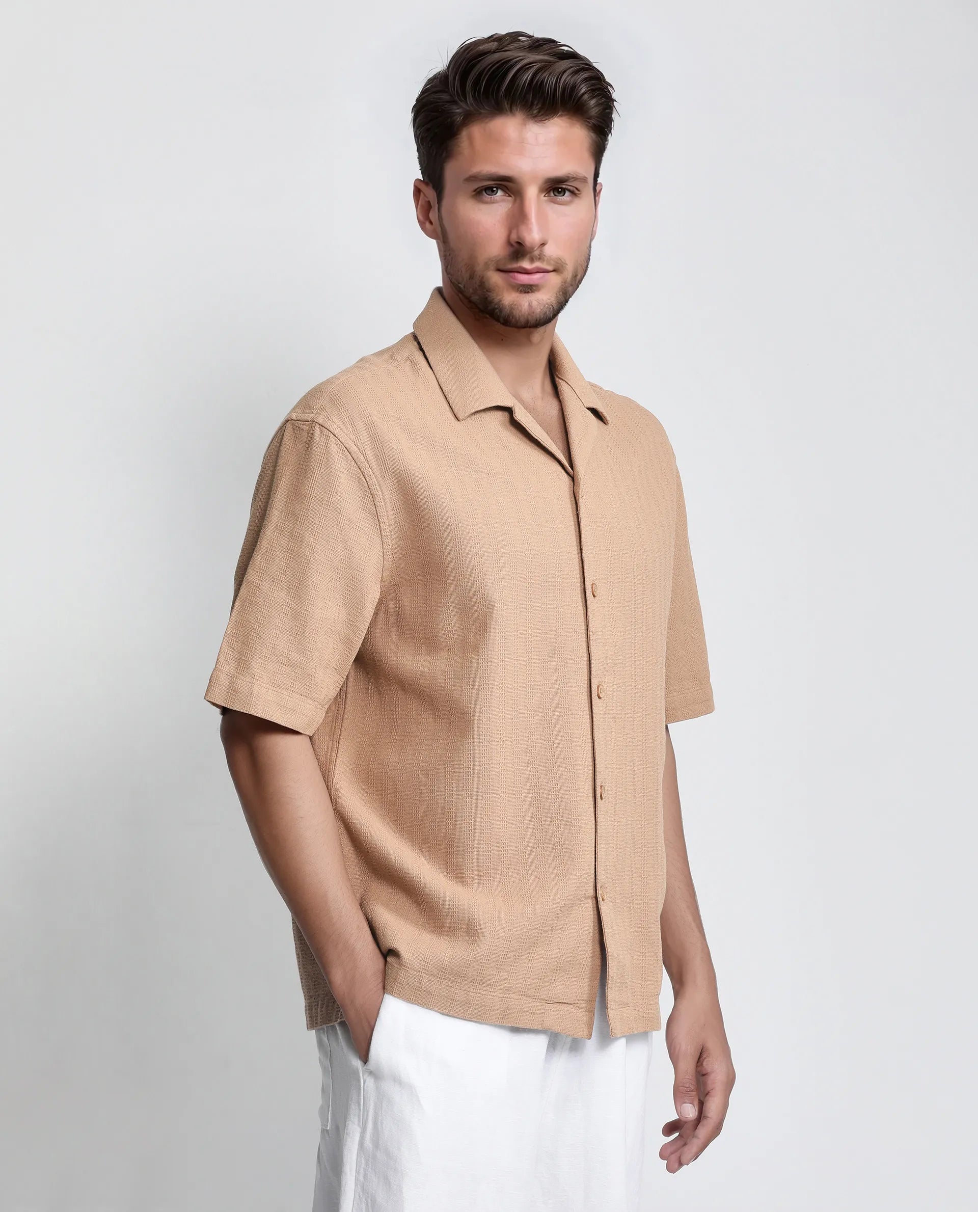Rare Rabbit Men's Astur Brown Cotton Fabric Short Sleeve Cuban Collar Boxy Fit Textured Shirt
