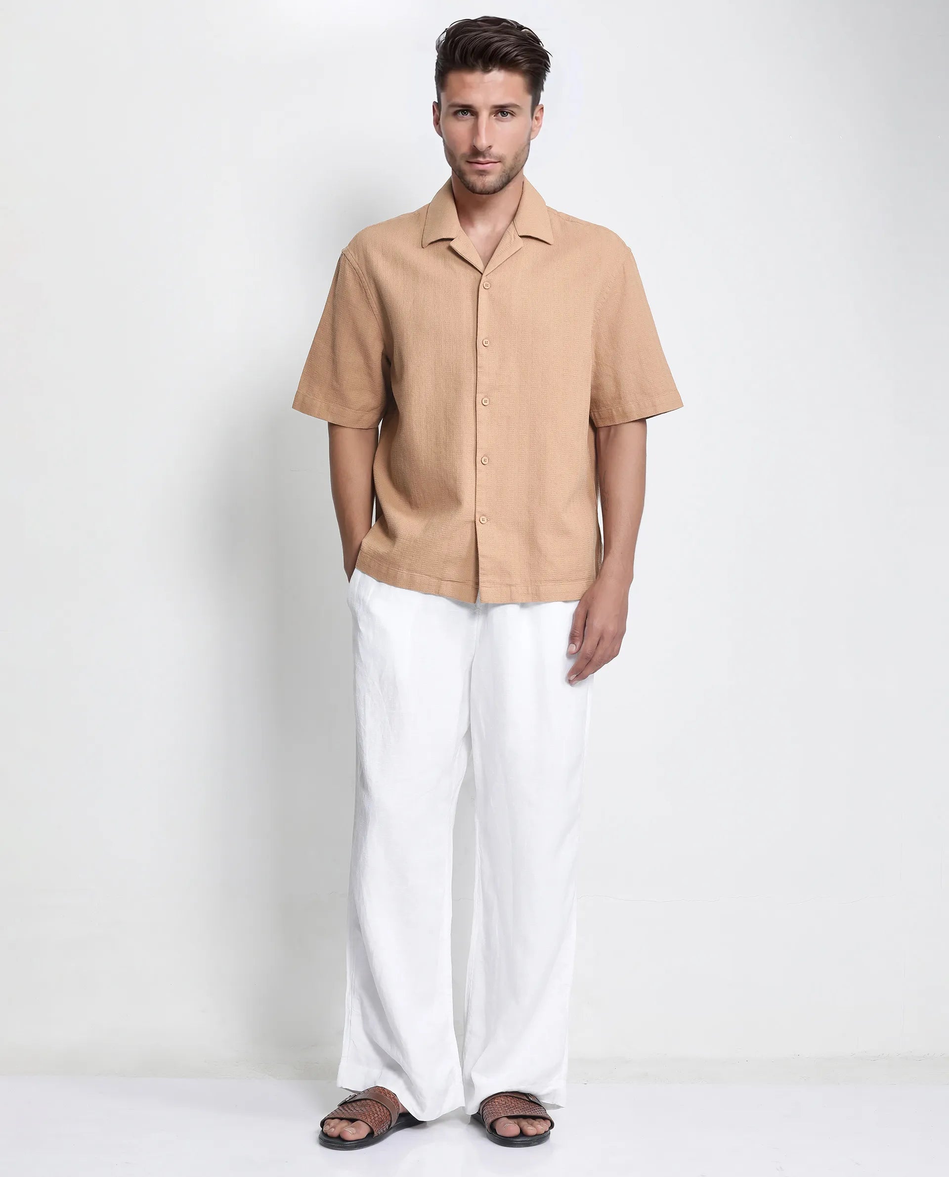 Rare Rabbit Men's Astur Brown Cotton Fabric Short Sleeve Cuban Collar Boxy Fit Textured Shirt