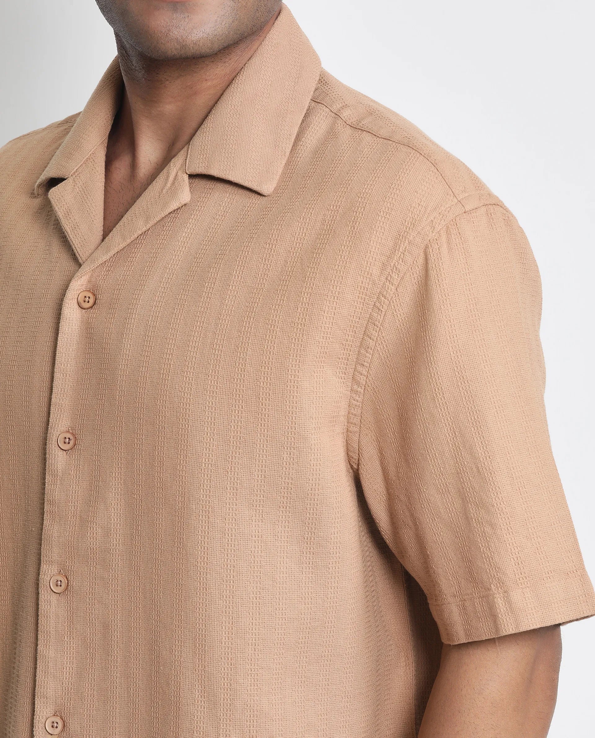 Rare Rabbit Men's Astur Brown Cotton Fabric Short Sleeve Cuban Collar Boxy Fit Textured Shirt