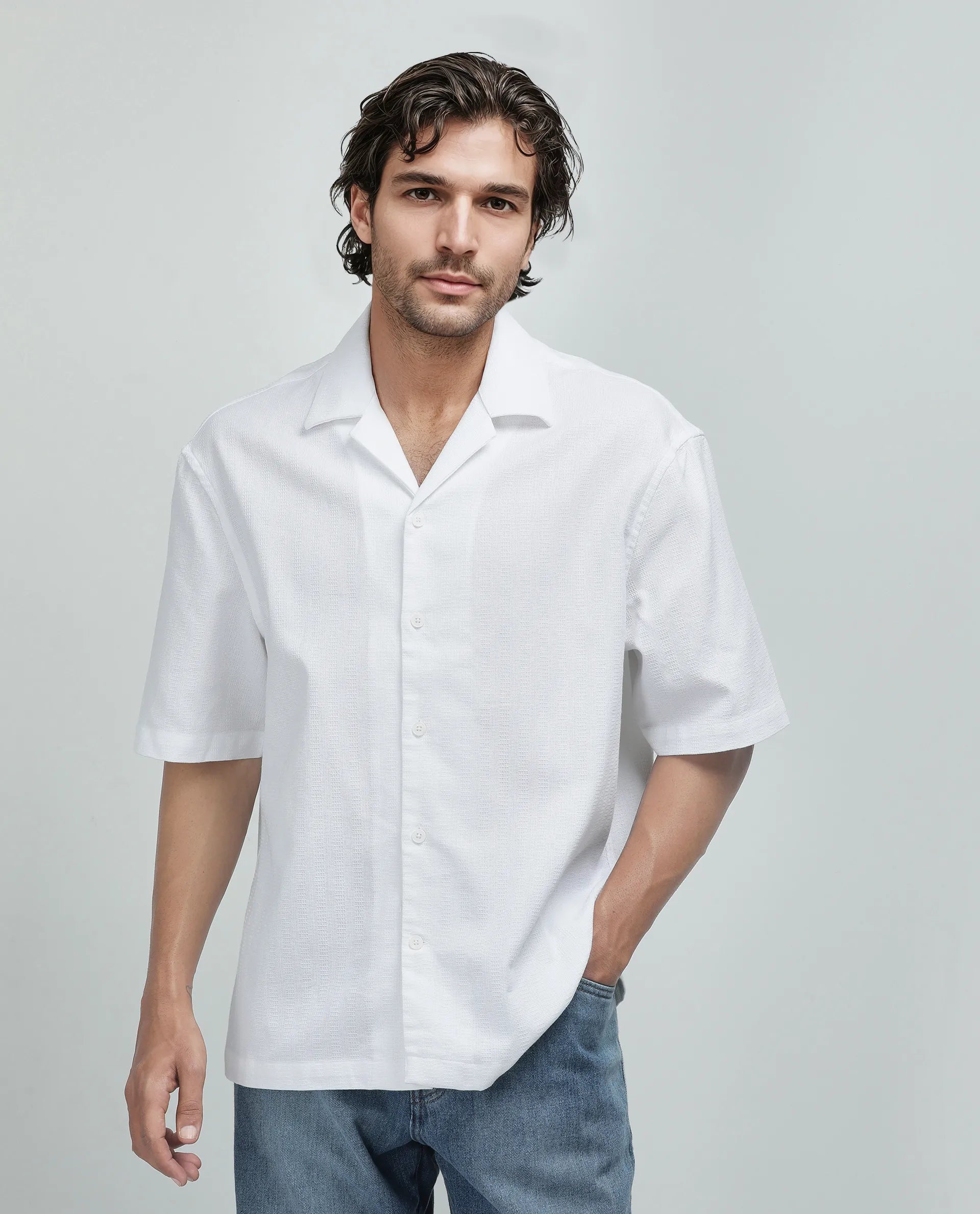 Rare Rabbit Men's Astur Off white Cotton Fabric Short Sleeve Cuban Collar Boxy Fit Textured Shirt