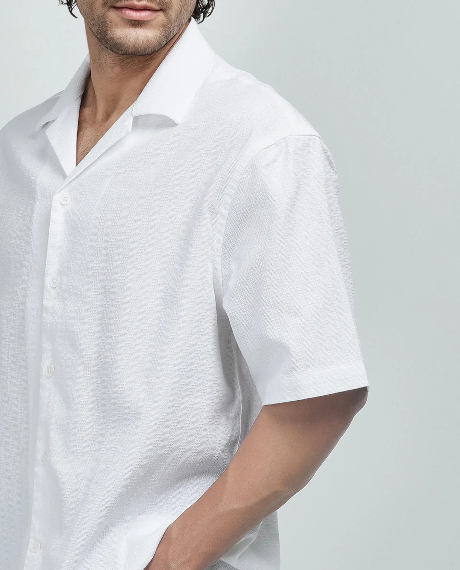 Rare Rabbit Men's Astur Off white Cotton Fabric Short Sleeve Cuban Collar Boxy Fit Textured Shirt