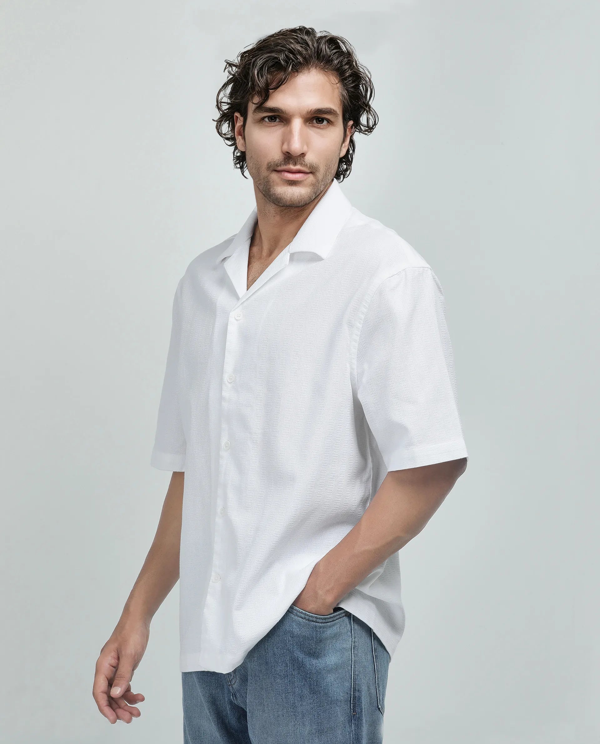 Rare Rabbit Men's Astur Off white Cotton Fabric Short Sleeve Cuban Collar Boxy Fit Textured Shirt