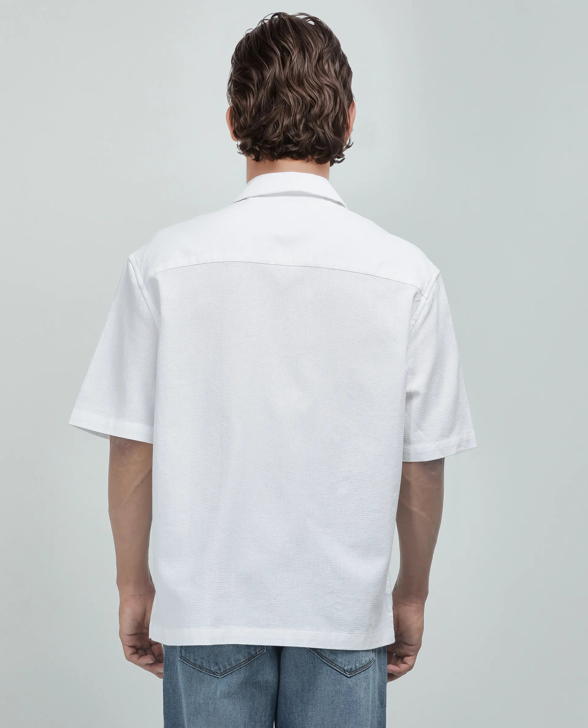 Rare Rabbit Men's Astur Off white Cotton Fabric Short Sleeve Cuban Collar Boxy Fit Textured Shirt