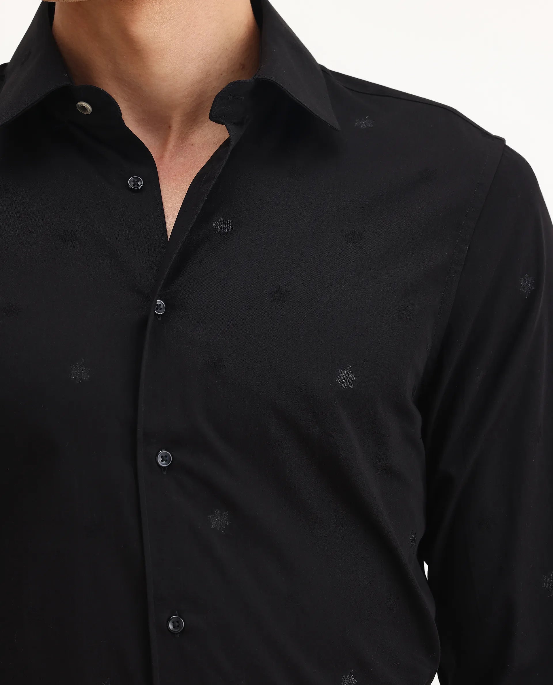 Rare Rabbit Men's Atep Black Cotton Blend Plain Regular Fit Full Sleeve Collared Shirt