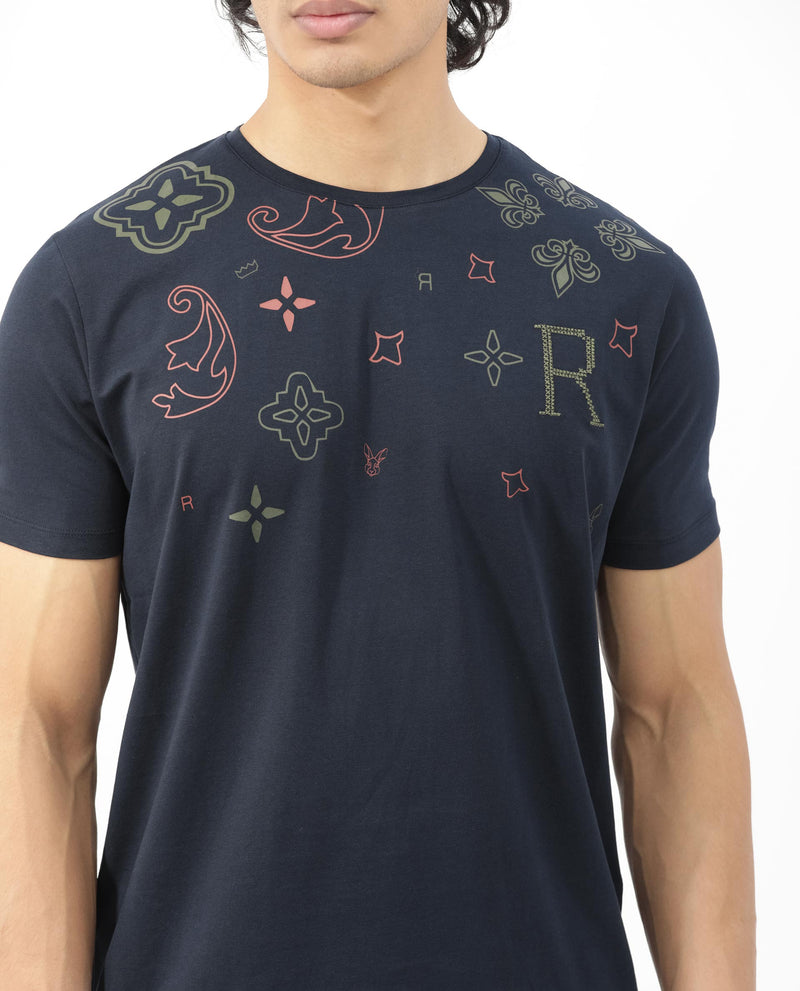 Rare Rabbit Mens Athens Navy Short Sleeve Graphic Print T-Shirt