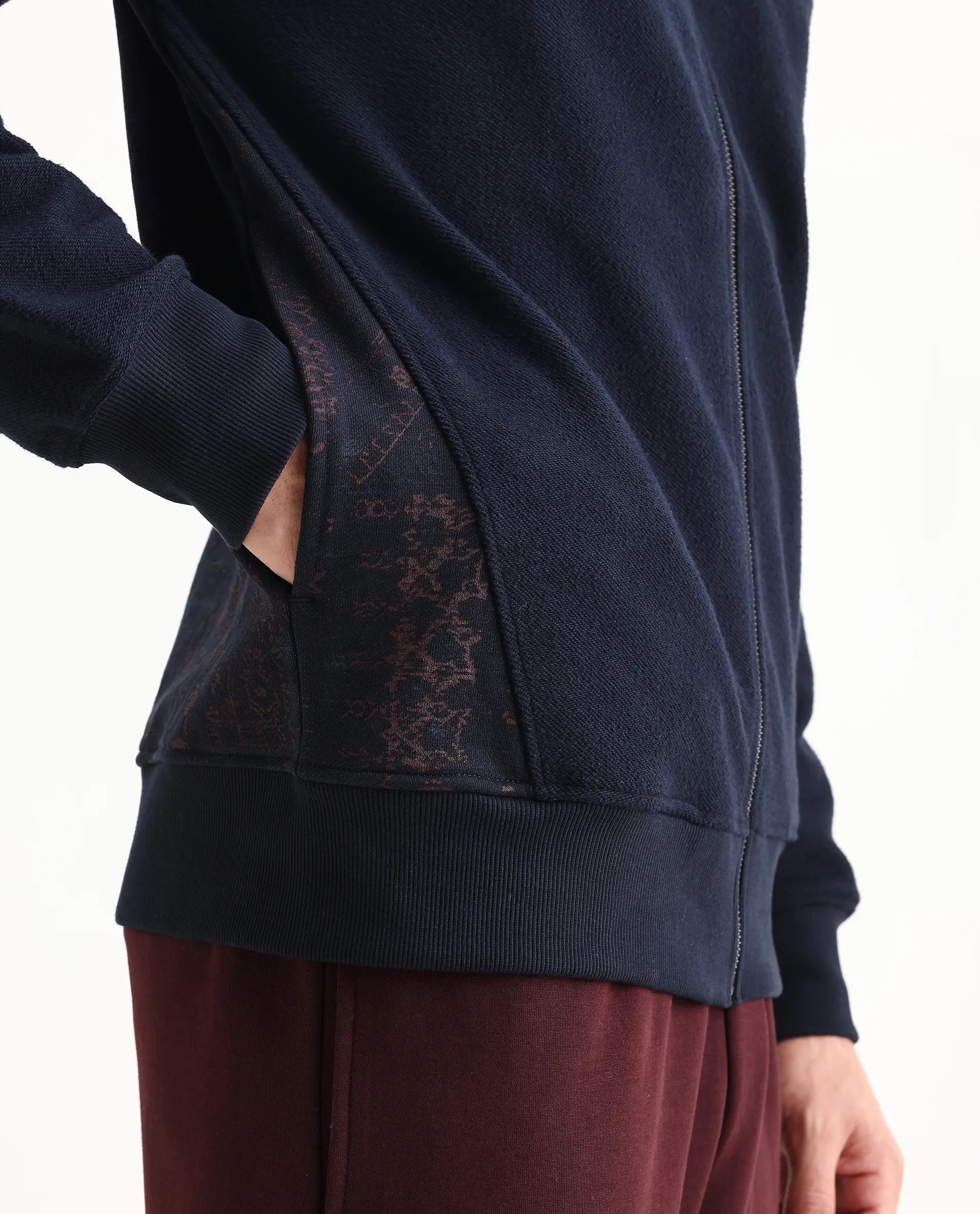 Rare Rabbit Men's Atin Dark Navy Cotton Blend Fabric Full Sleeves Hooded Zipper Closure Graphic Print Sweatshirt