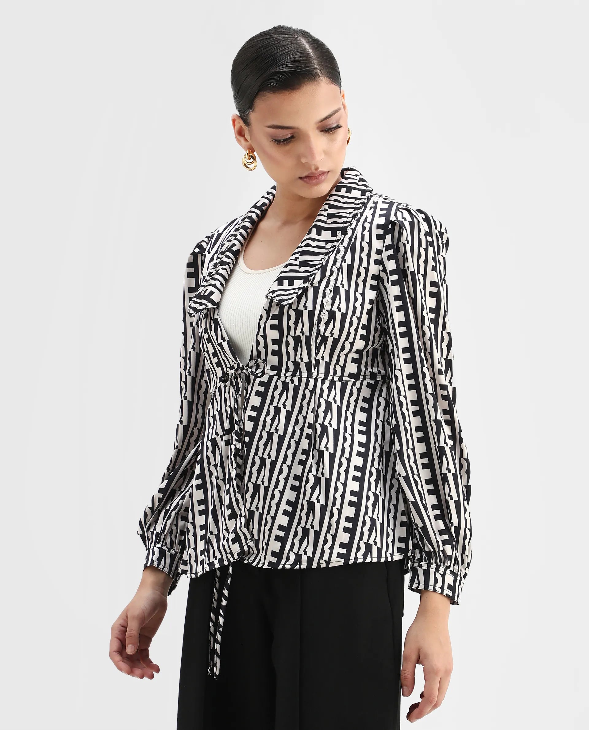 Rareism Women's Atlanti Black Polyester Spread Collar Geometric Print Relaxed Fit Top