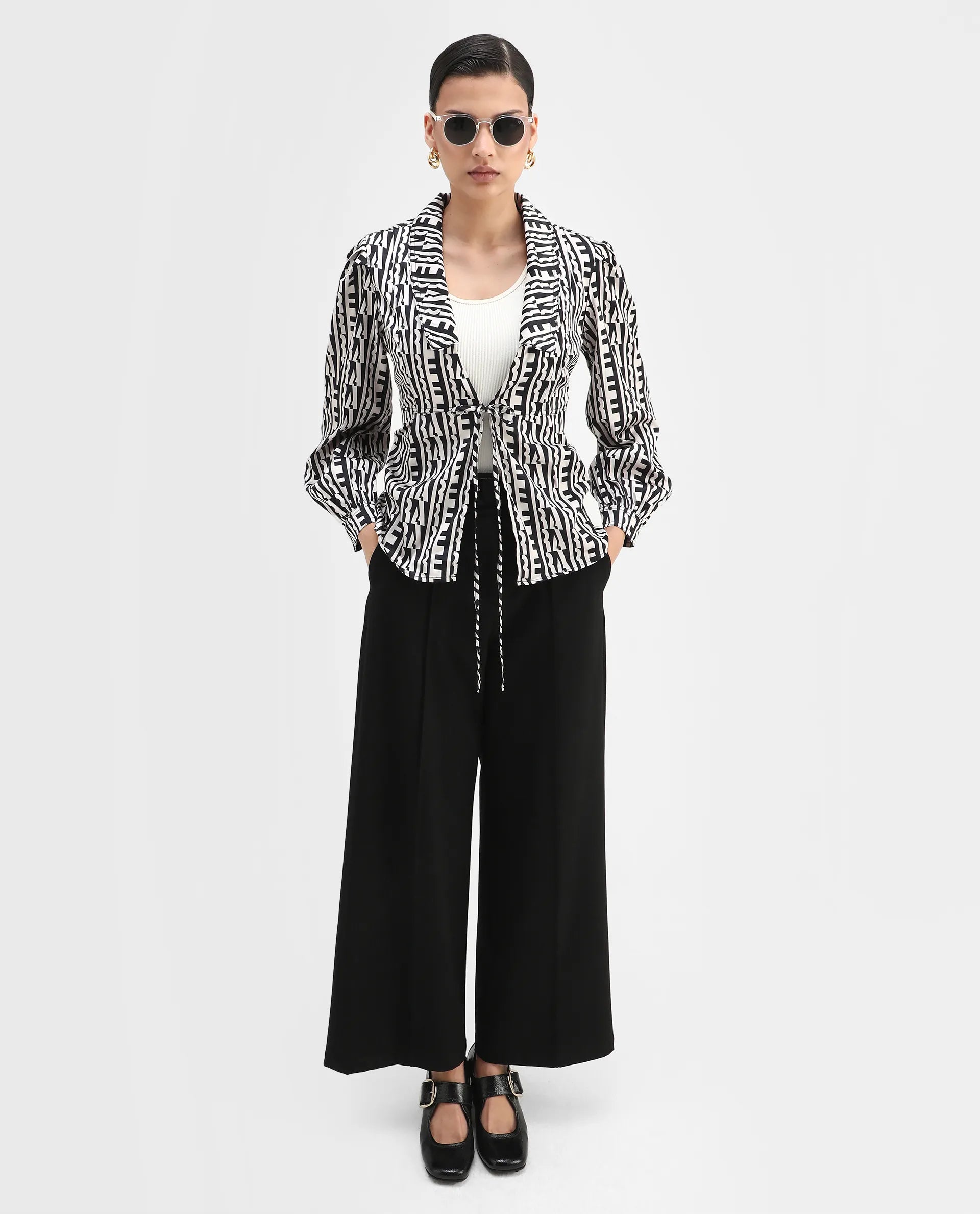 Rareism Women's Atlanti Black Polyester Spread Collar Geometric Print Relaxed Fit Top