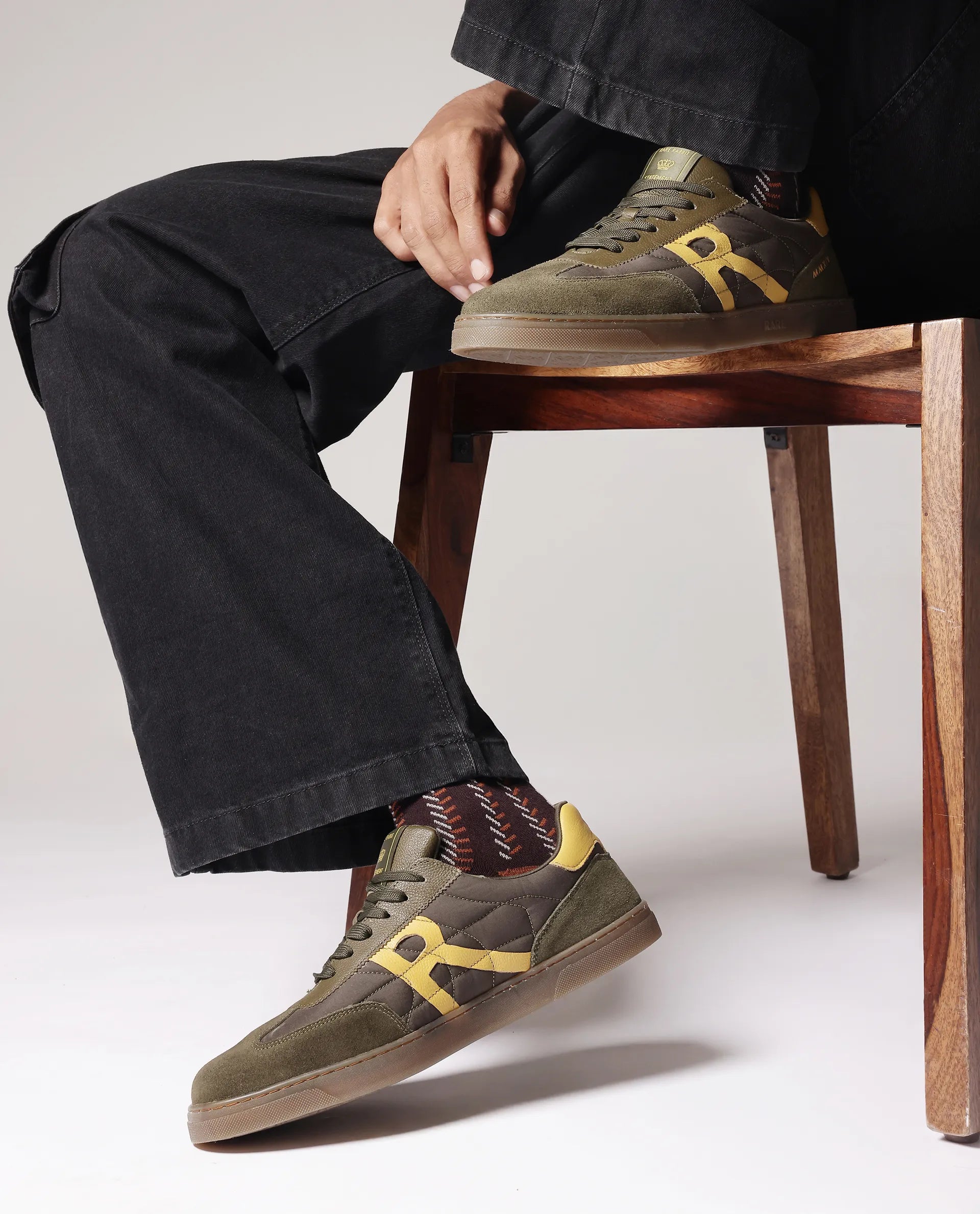 Rare Rabbit Men Atlas Olive Genuine Suede And Parachute Dual Tone Lace-Up Sneaker Shoes