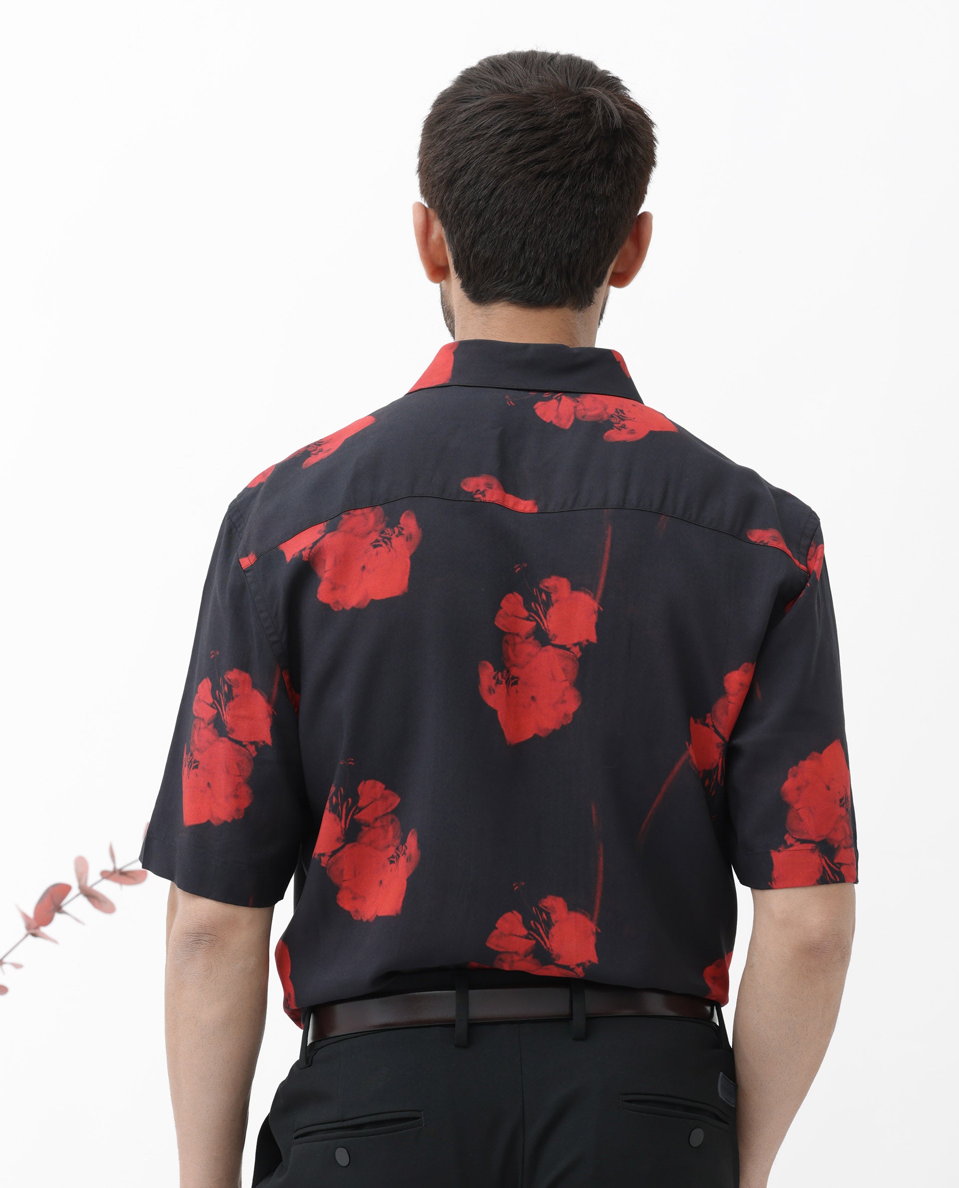 Rare Rabbit Mens Atley Black Viscose Fabric Half Sleeves Boxy Fit Hibiscus Floral Print Shirt