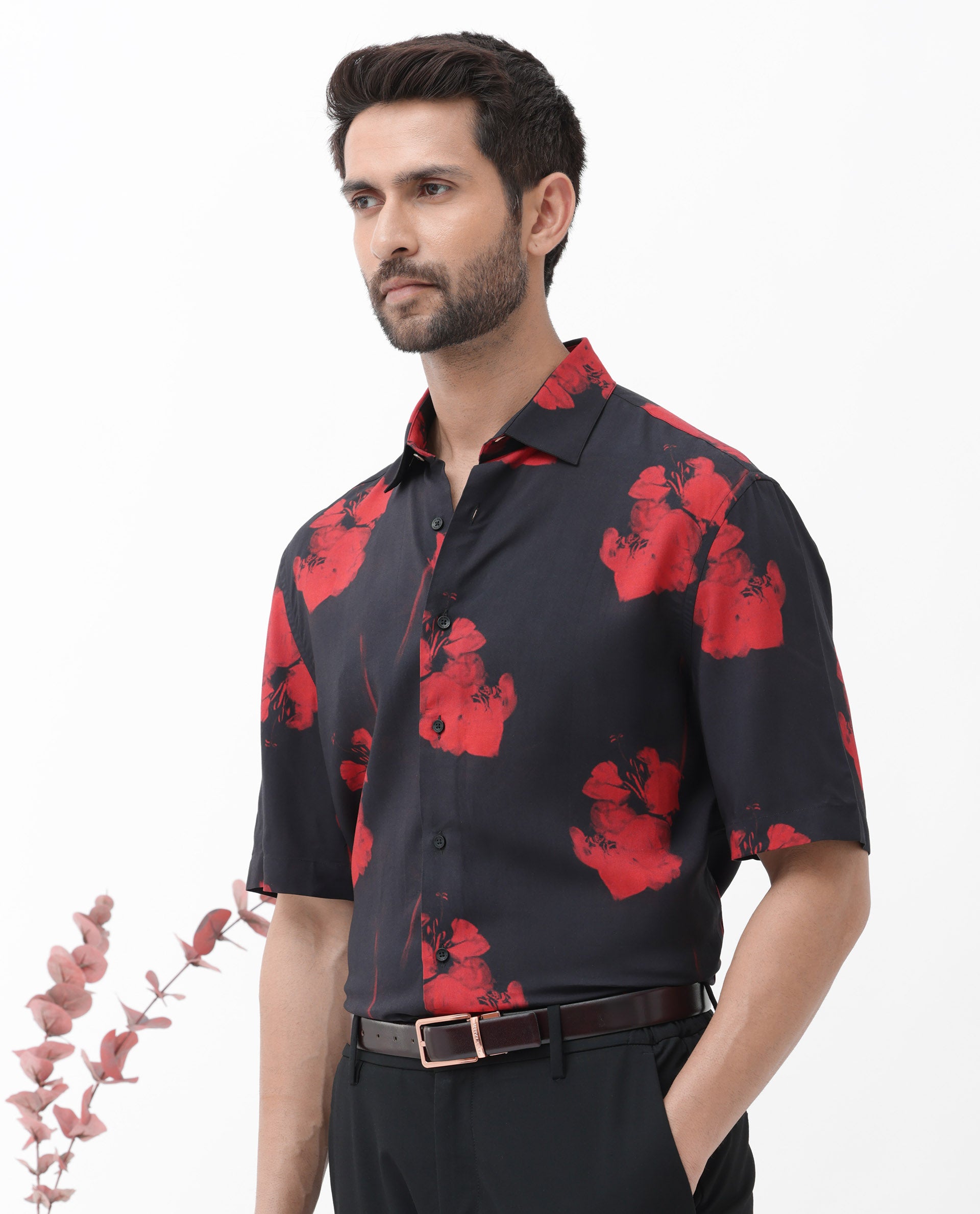 Rare Rabbit Mens Atley Black Viscose Fabric Half Sleeves Boxy Fit Hibiscus Floral Print Shirt