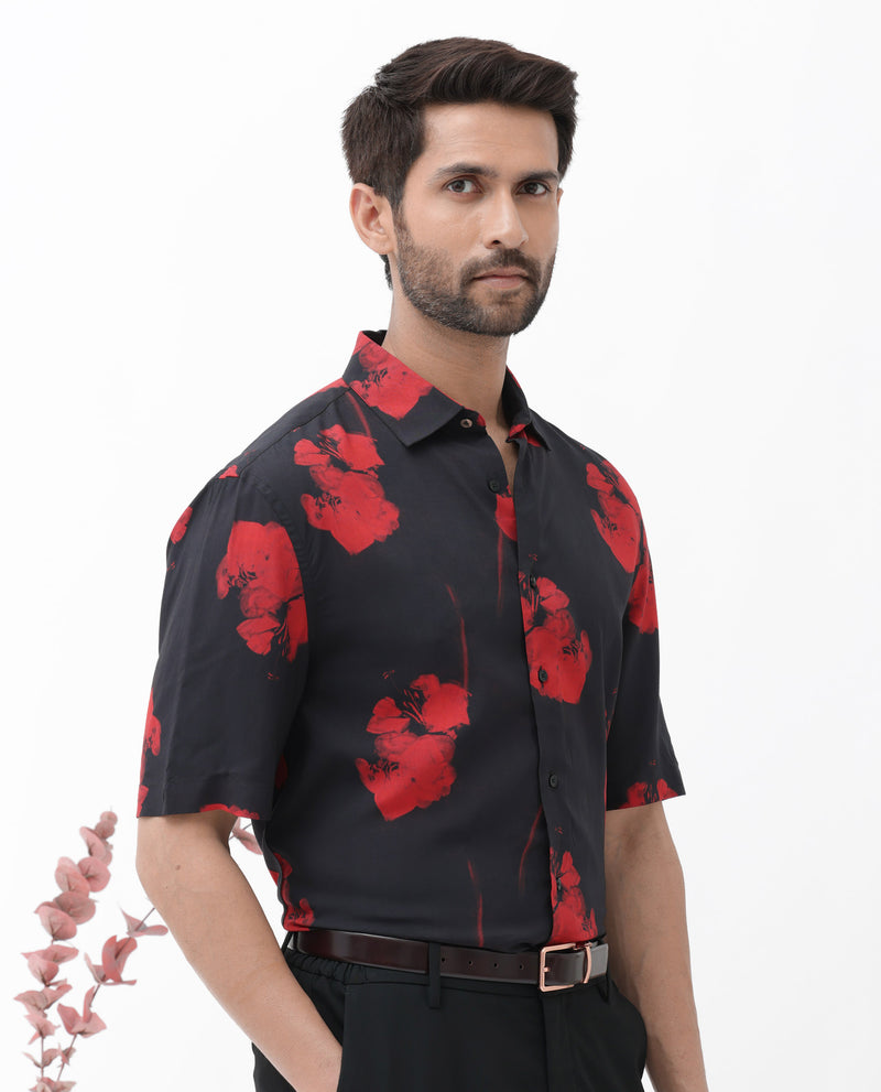 Rare Rabbit Mens Atley Black Viscose Fabric Half Sleeves Hibiscus Floral Print Shirt