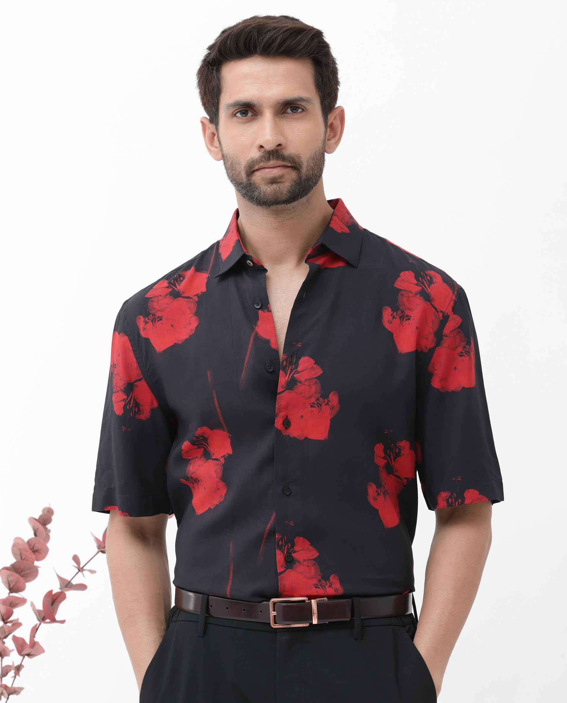 Rare Rabbit Mens Atley Black Viscose Fabric Half Sleeves Boxy Fit Hibiscus Floral Print Shirt