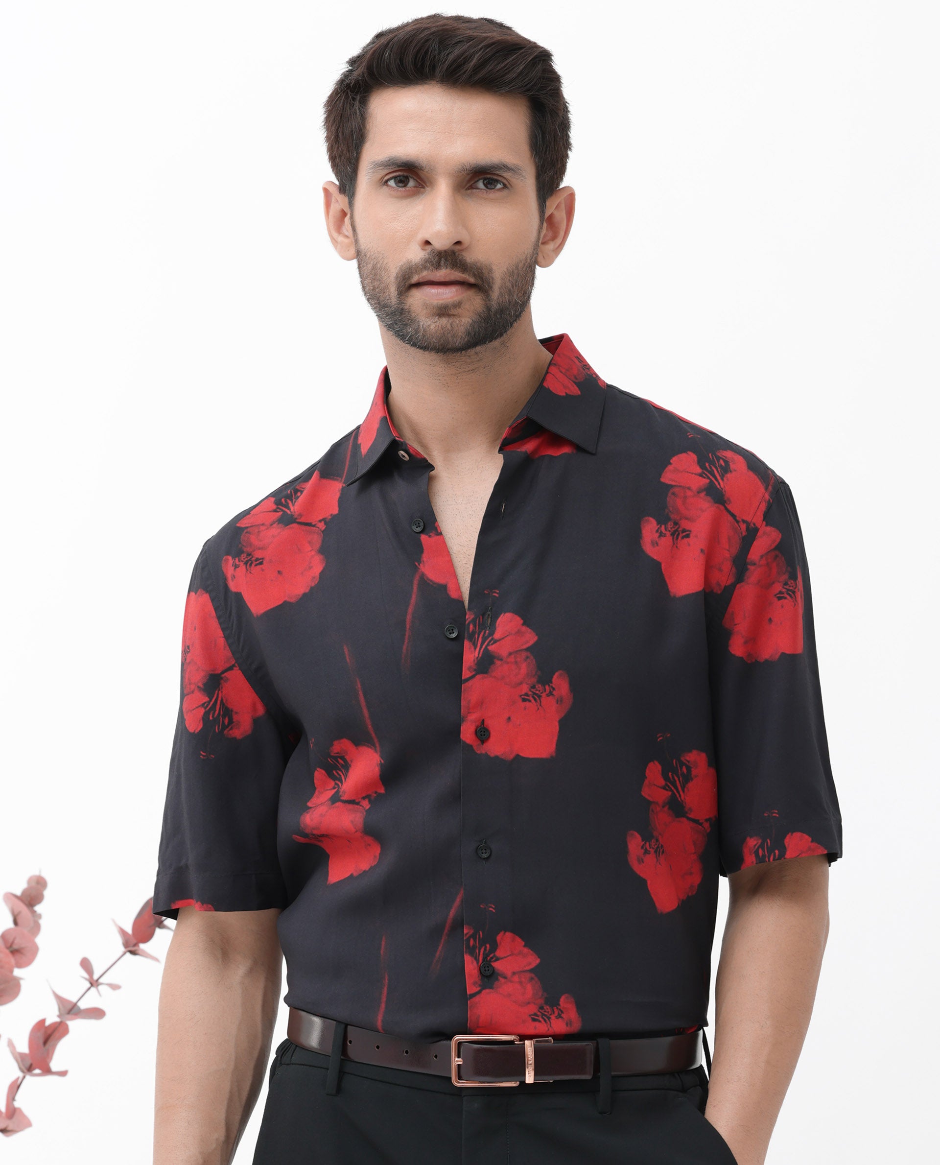 Rare Rabbit Mens Atley Black Viscose Fabric Half Sleeves Boxy Fit Hibiscus Floral Print Shirt