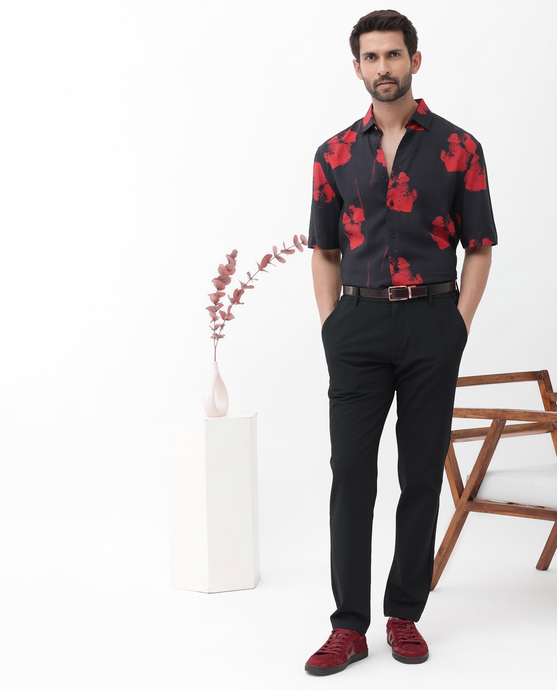 Rare Rabbit Mens Atley Black Viscose Fabric Half Sleeves Boxy Fit Hibiscus Floral Print Shirt