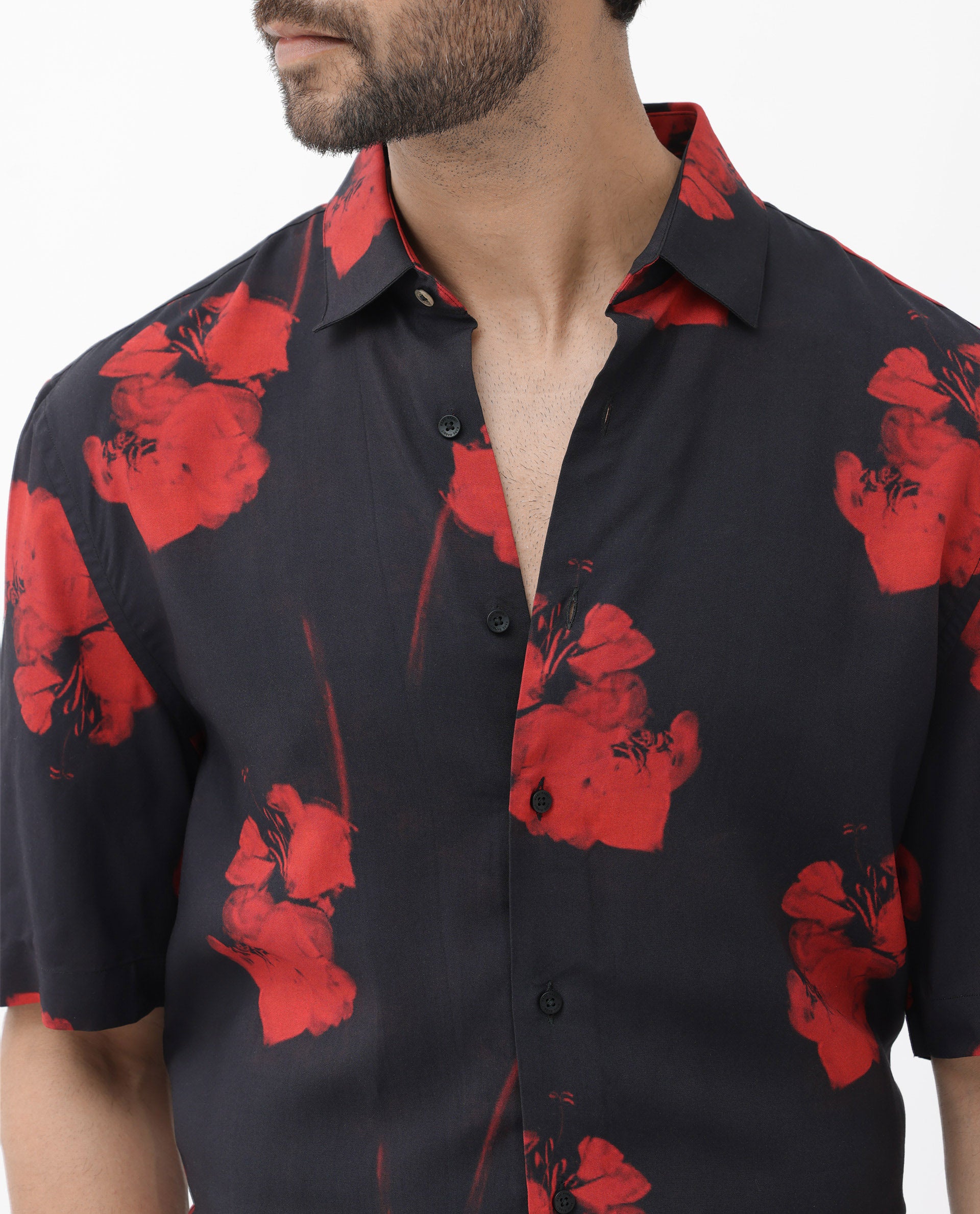 Rare Rabbit Mens Atley Black Viscose Fabric Half Sleeves Boxy Fit Hibiscus Floral Print Shirt