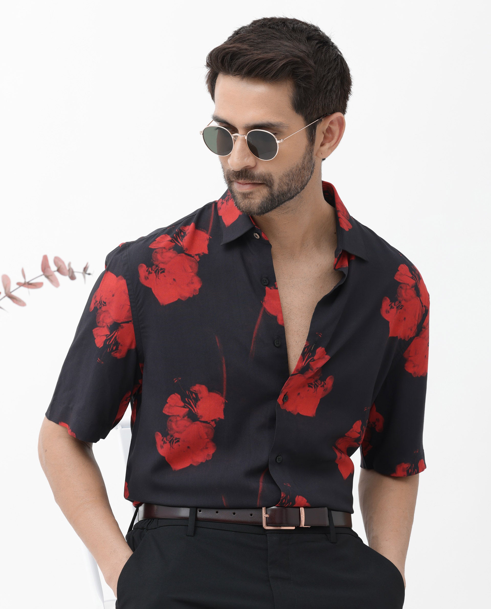 Rare Rabbit Mens Atley Black Viscose Fabric Half Sleeves Boxy Fit Hibiscus Floral Print Shirt