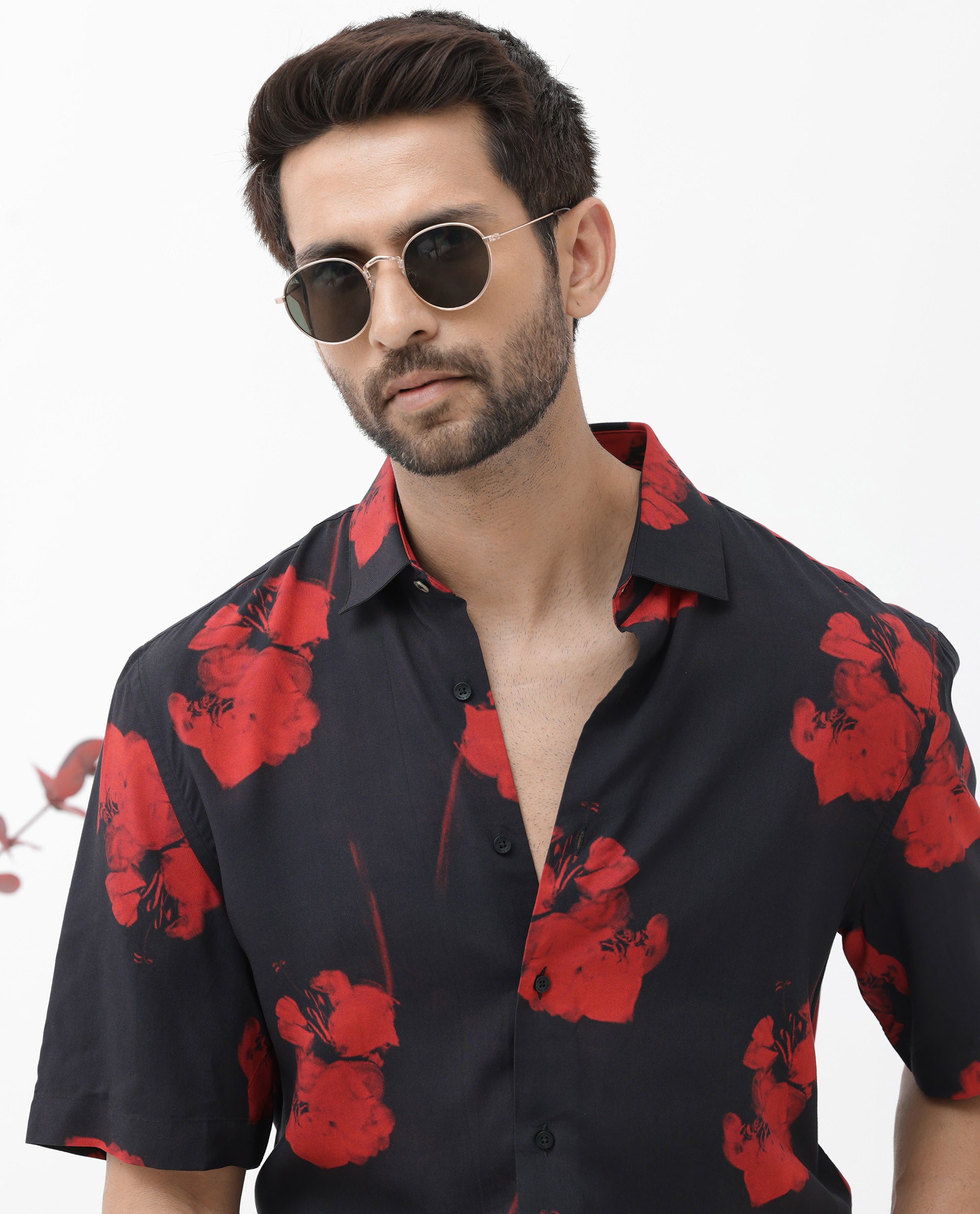 Rare Rabbit Mens Atley Black Viscose Fabric Half Sleeves Boxy Fit Hibiscus Floral Print Shirt