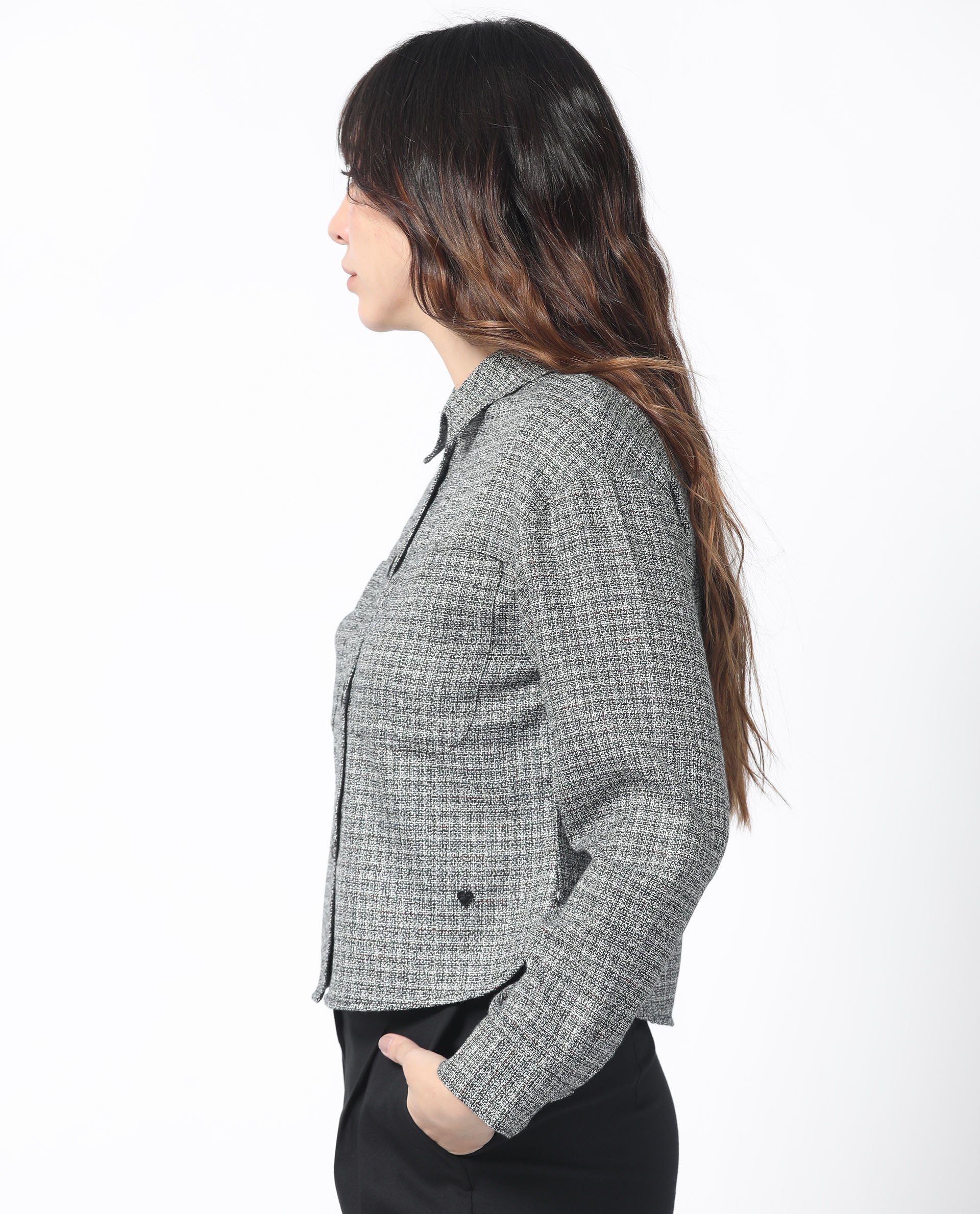 Rareism Women Atmos Black Polyester Fabric Full Sleeves Button Closure Shirt Collar Regular Fit Textured Jacket