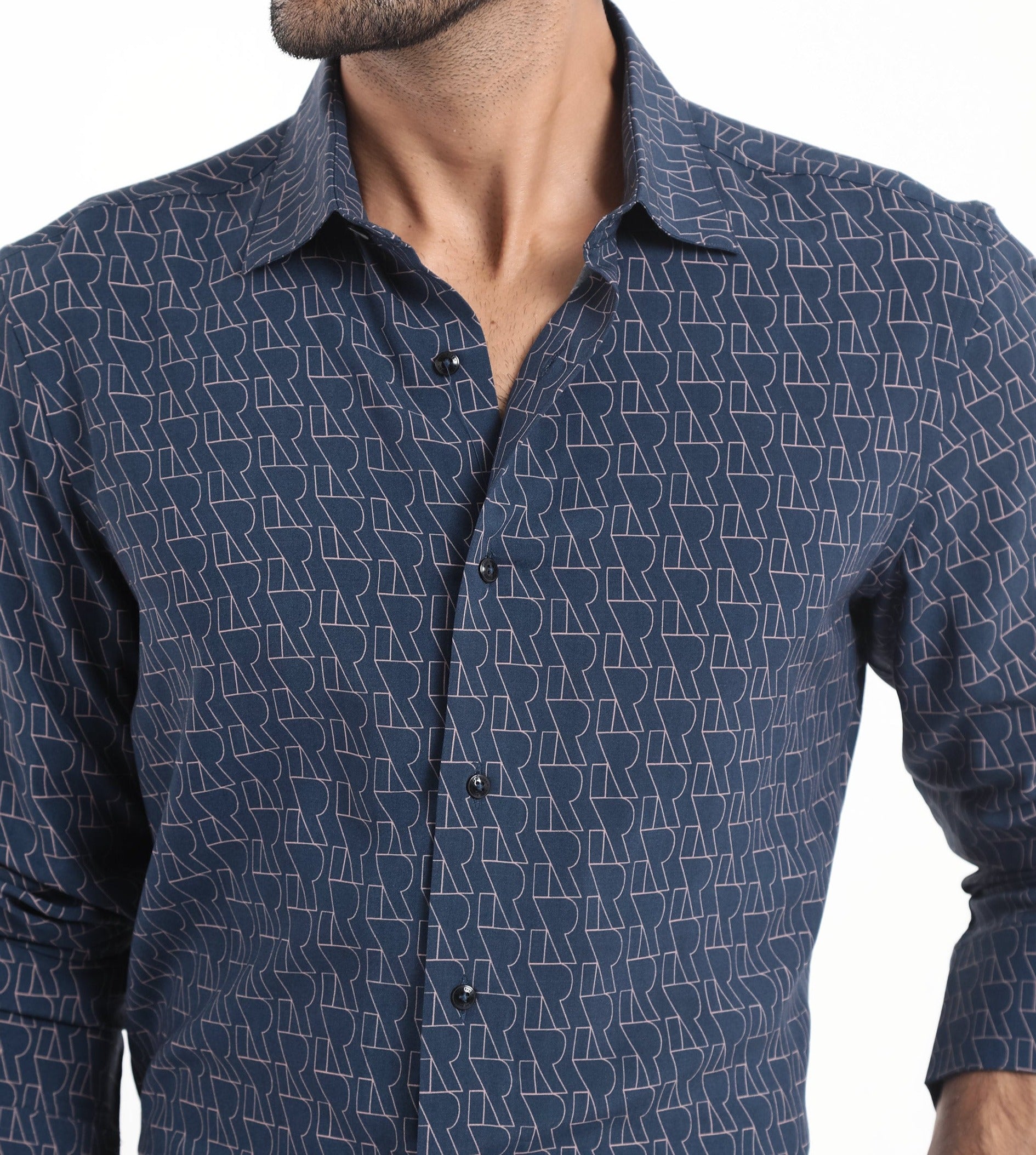 Rare Rabbit Men's Atria Dark Teal Viscose Fabric Full Sleeve Regular Fit Monogram Print Shirt