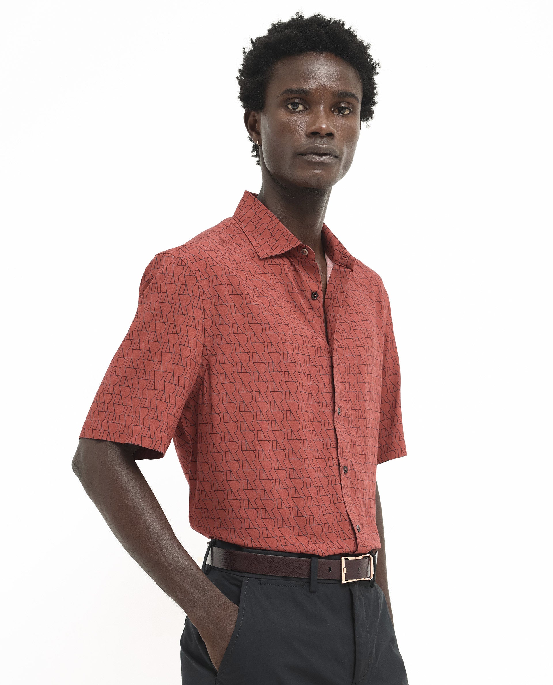 Rare Rabbit Men's Atria SS Dark Rust Short Sleeve Regular Collar Monogram Printed Shirt