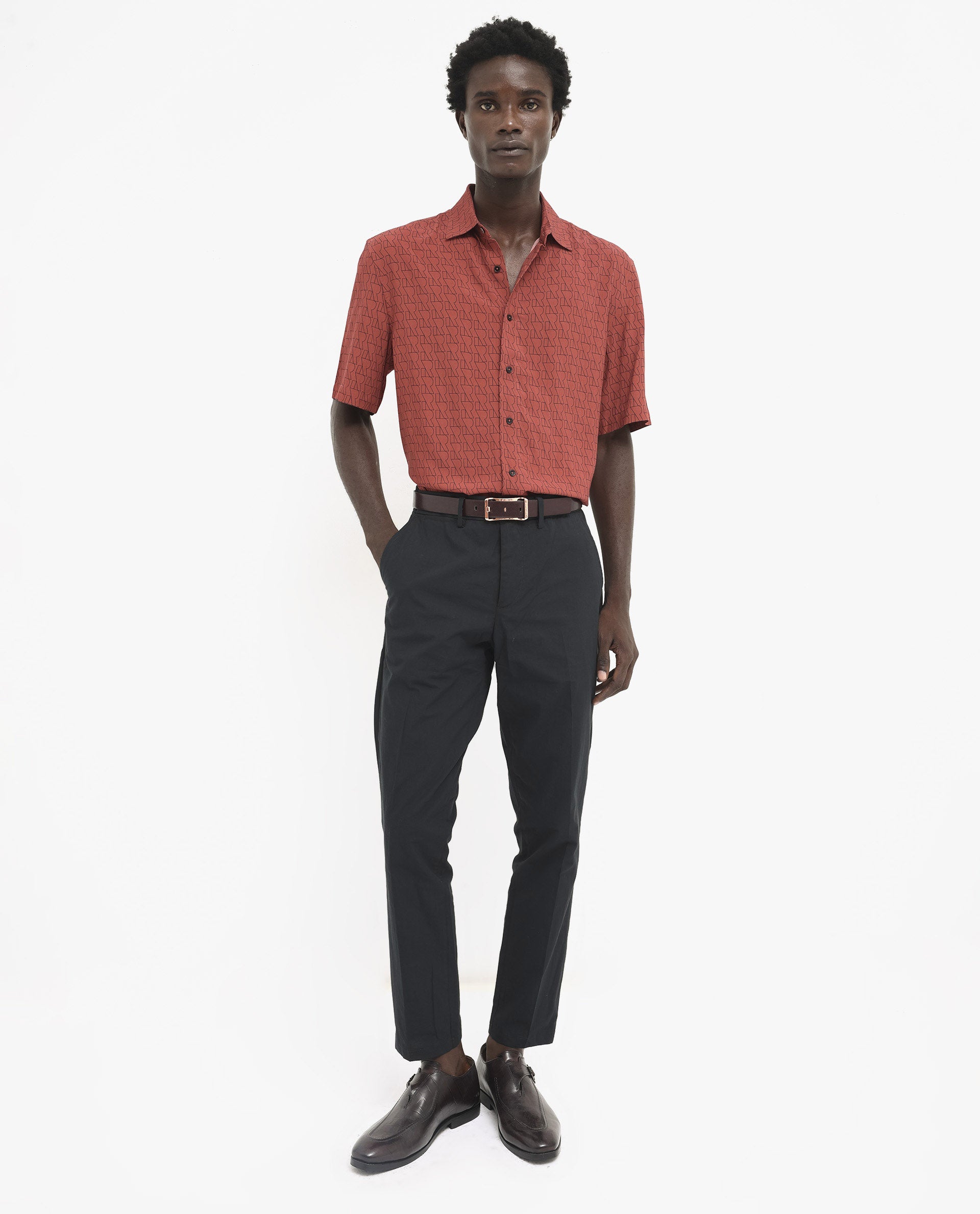 Rare Rabbit Men's Atria SS Dark Rust Short Sleeve Regular Collar Monogram Printed Shirt