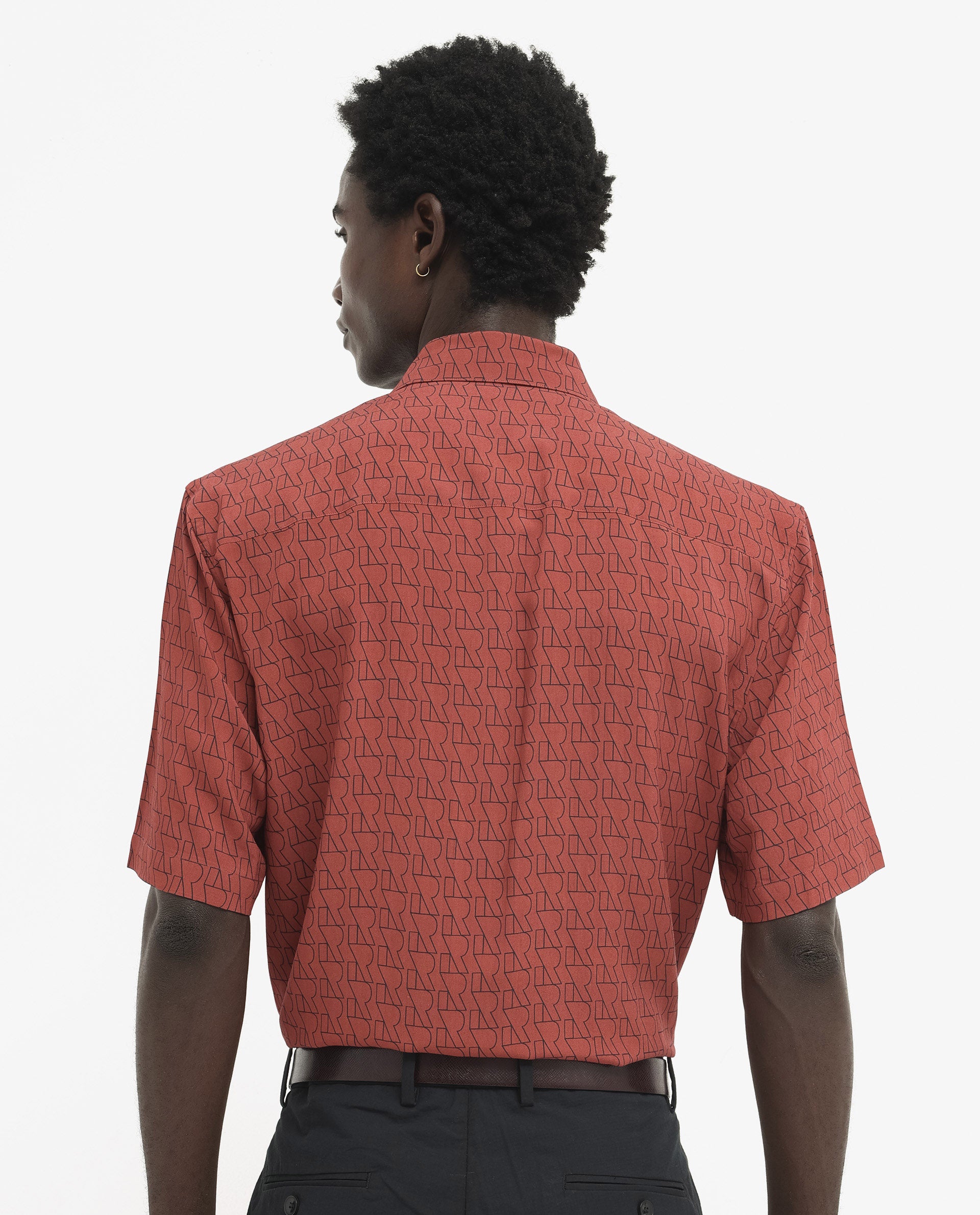 Rare Rabbit Men's Atria SS Dark Rust Short Sleeve Regular Collar Monogram Printed Shirt