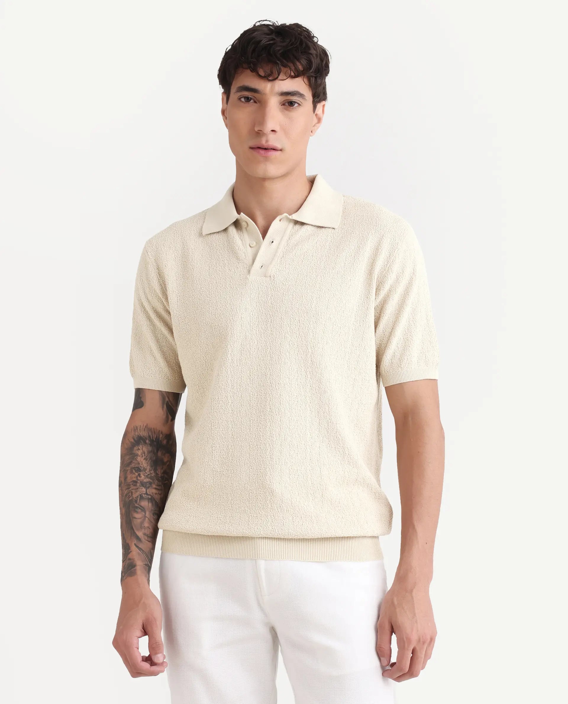 Rare Rabbit Men's Atri Off White Cotton Blend Fabric Collared Neck Regular Fit Textured Polo