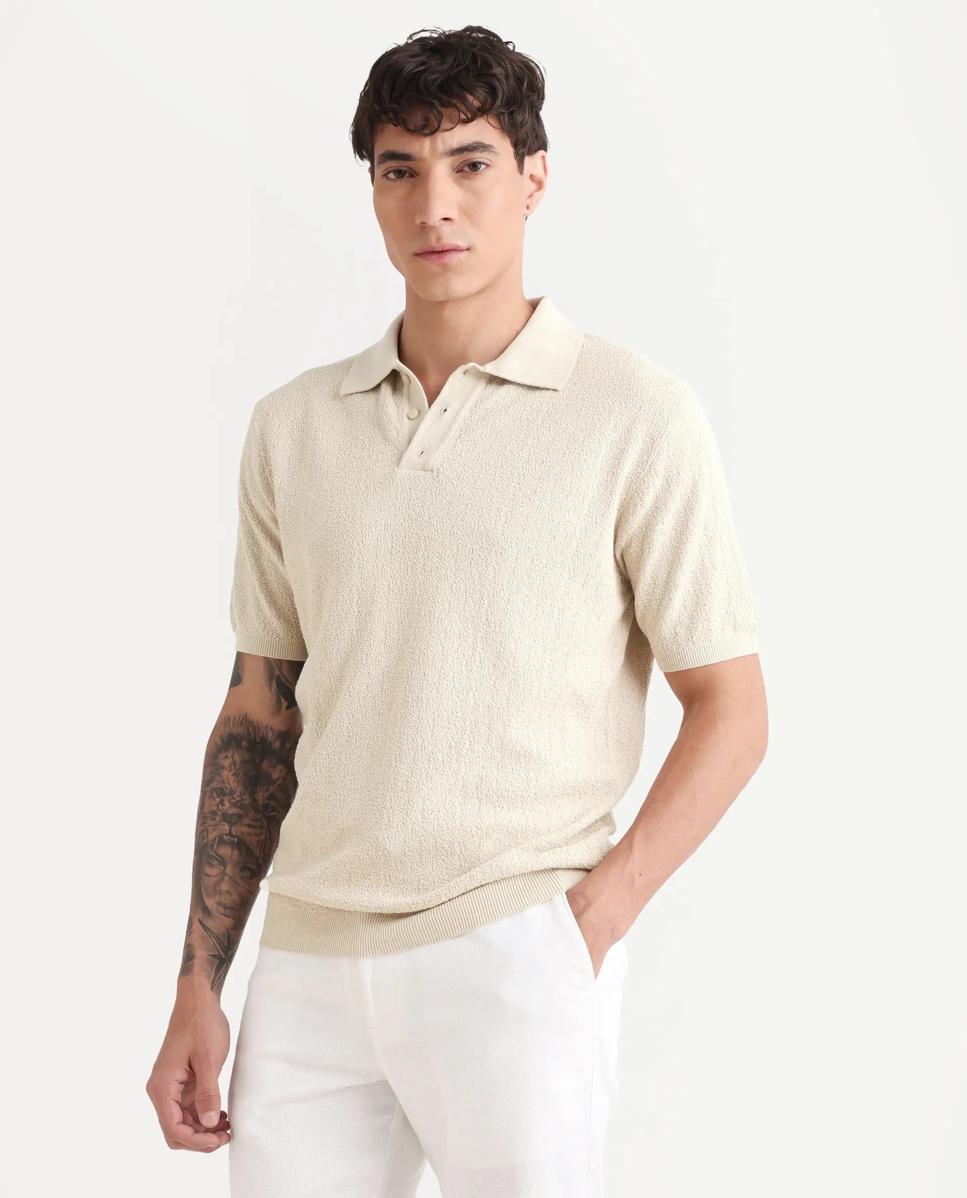 Rare Rabbit Men's Atri Off White Cotton Blend Fabric Collared Neck Regular Fit Textured Polo