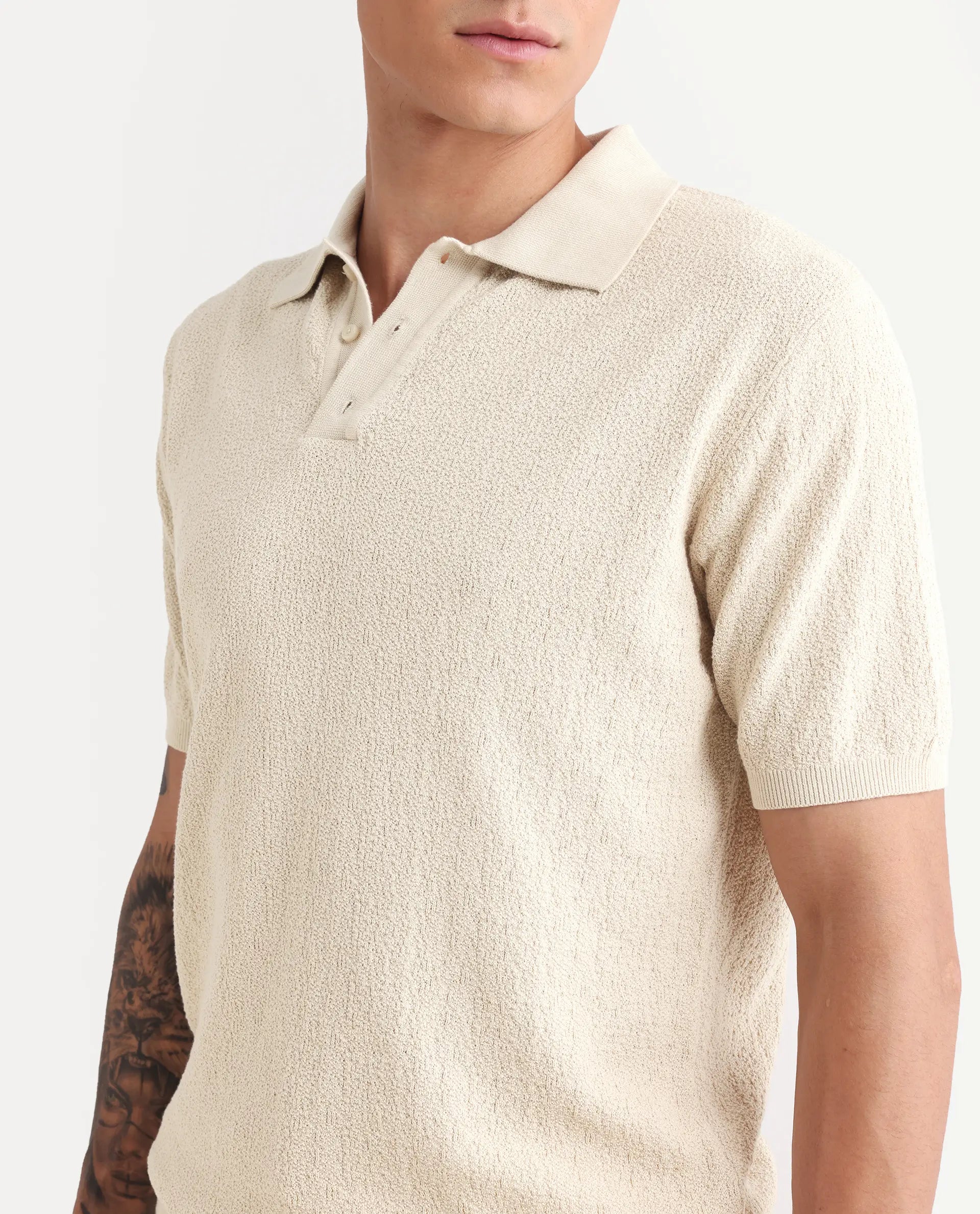 Rare Rabbit Men's Atri Off White Cotton Blend Fabric Collared Neck Regular Fit Textured Polo