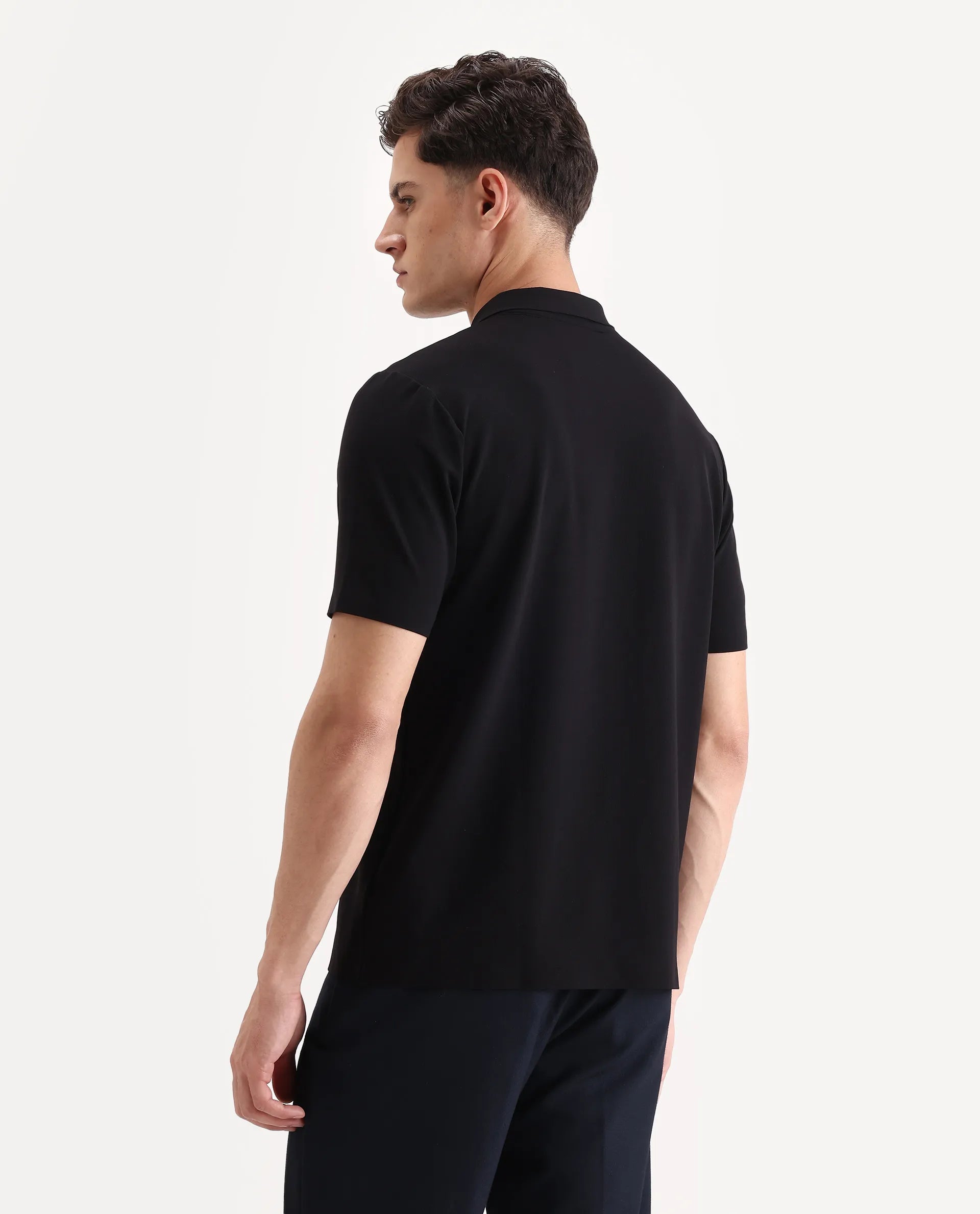Rare Rabbit Men's Atticus Black Nylon Plain Regular Fit Half Sleeve Polo