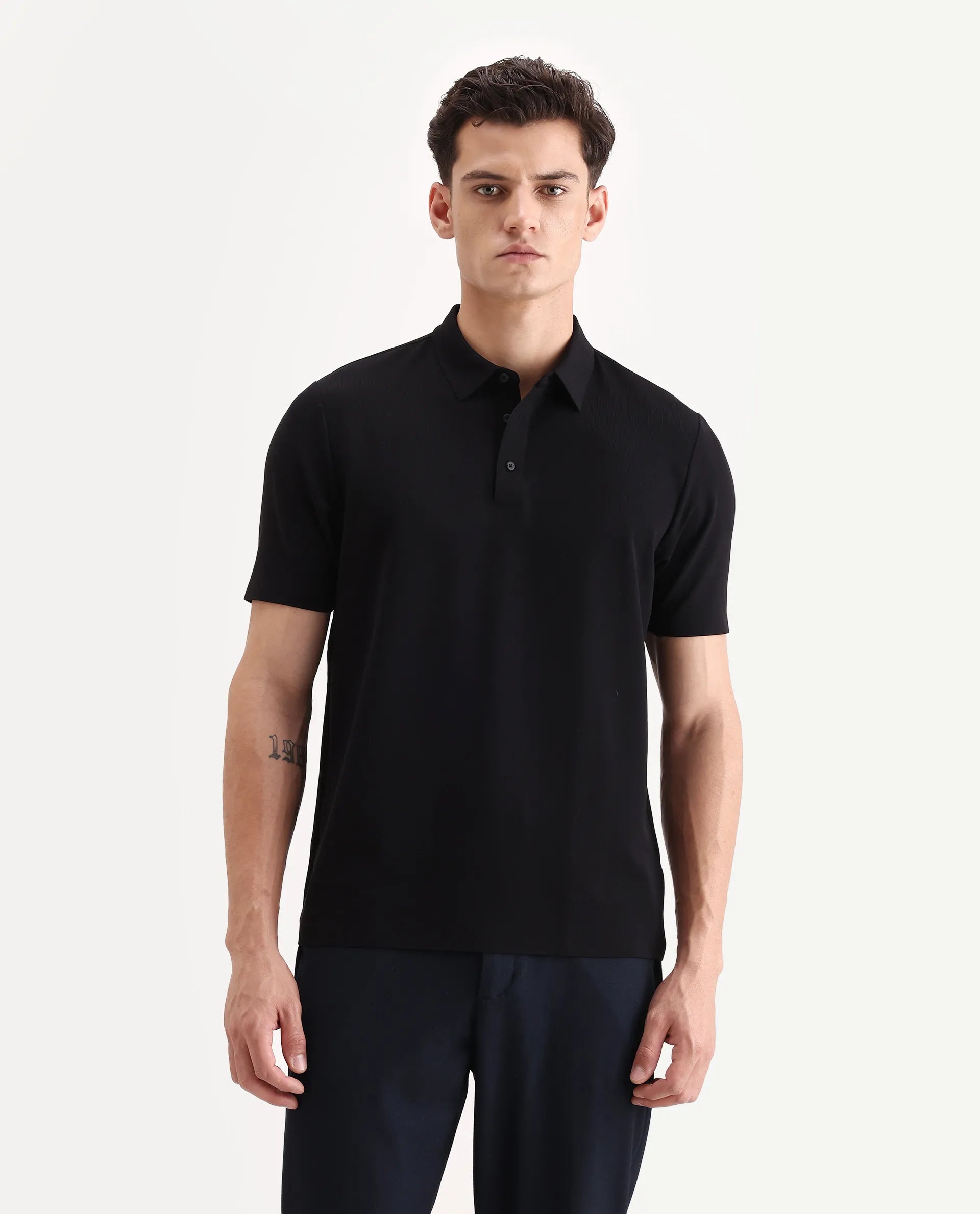 Rare Rabbit Men's Atticus Black Nylon Plain Regular Fit Half Sleeve Polo