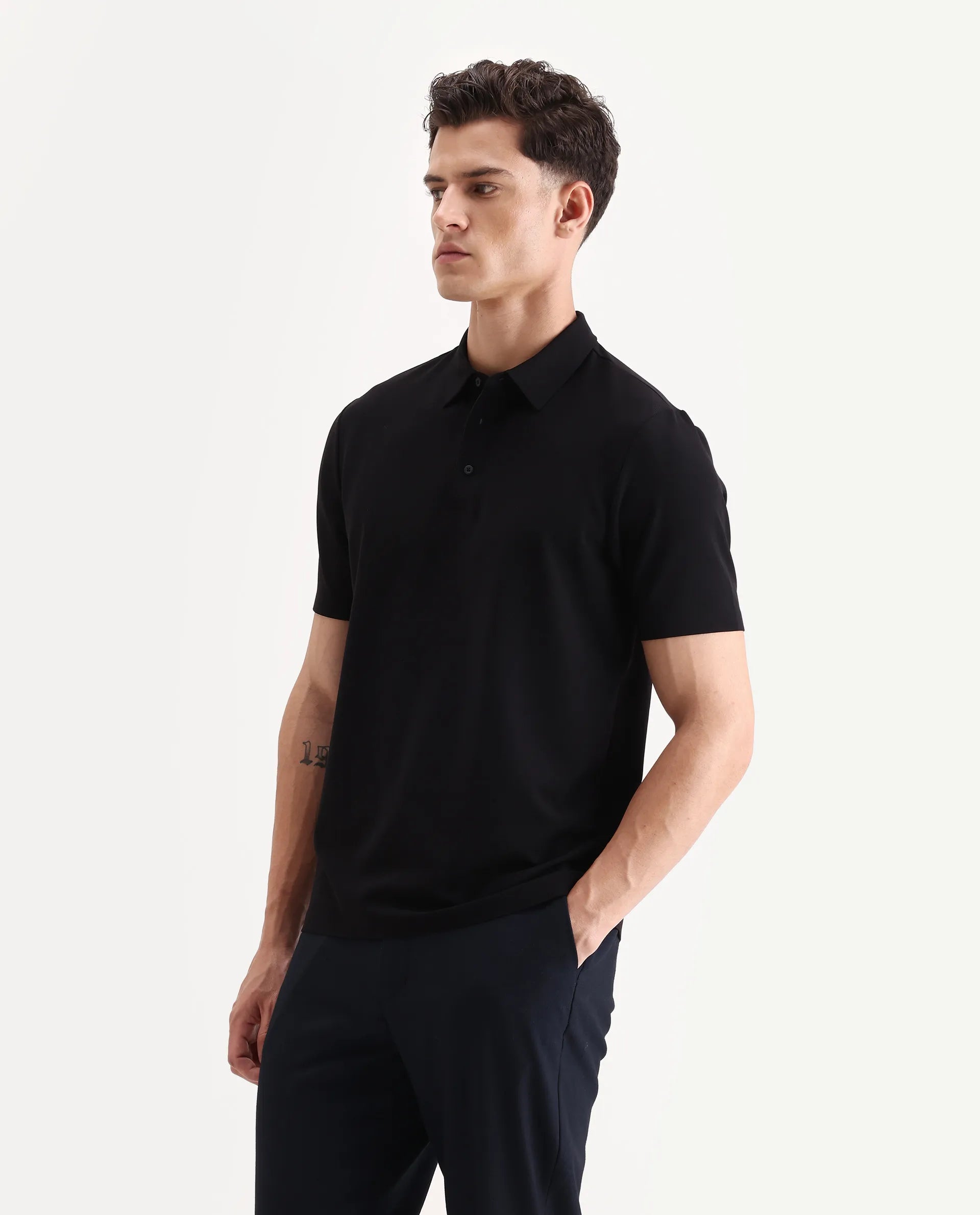 Rare Rabbit Men's Atticus Black Nylon Plain Regular Fit Half Sleeve Polo