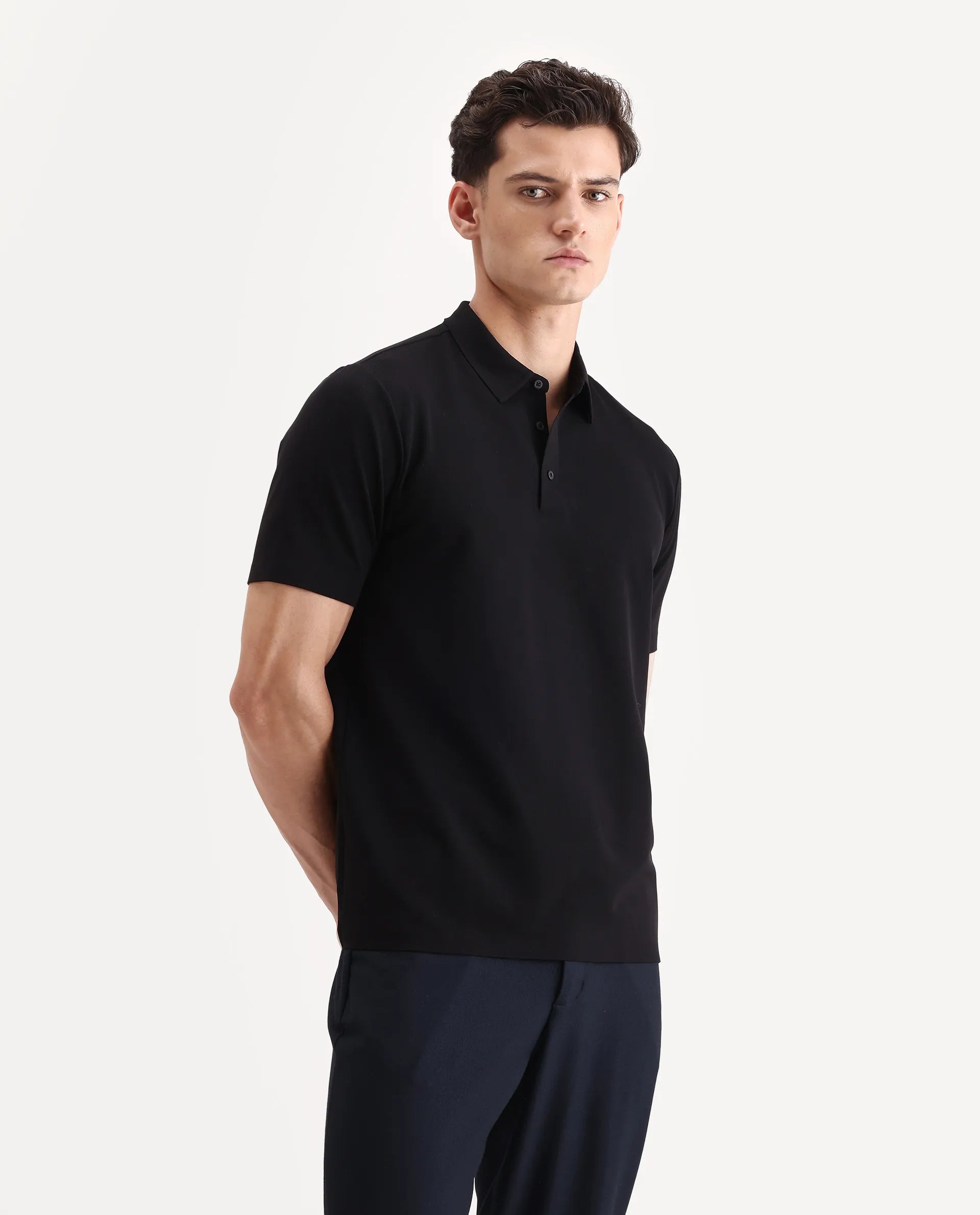 Rare Rabbit Men's Atticus Black Nylon Plain Regular Fit Half Sleeve Polo