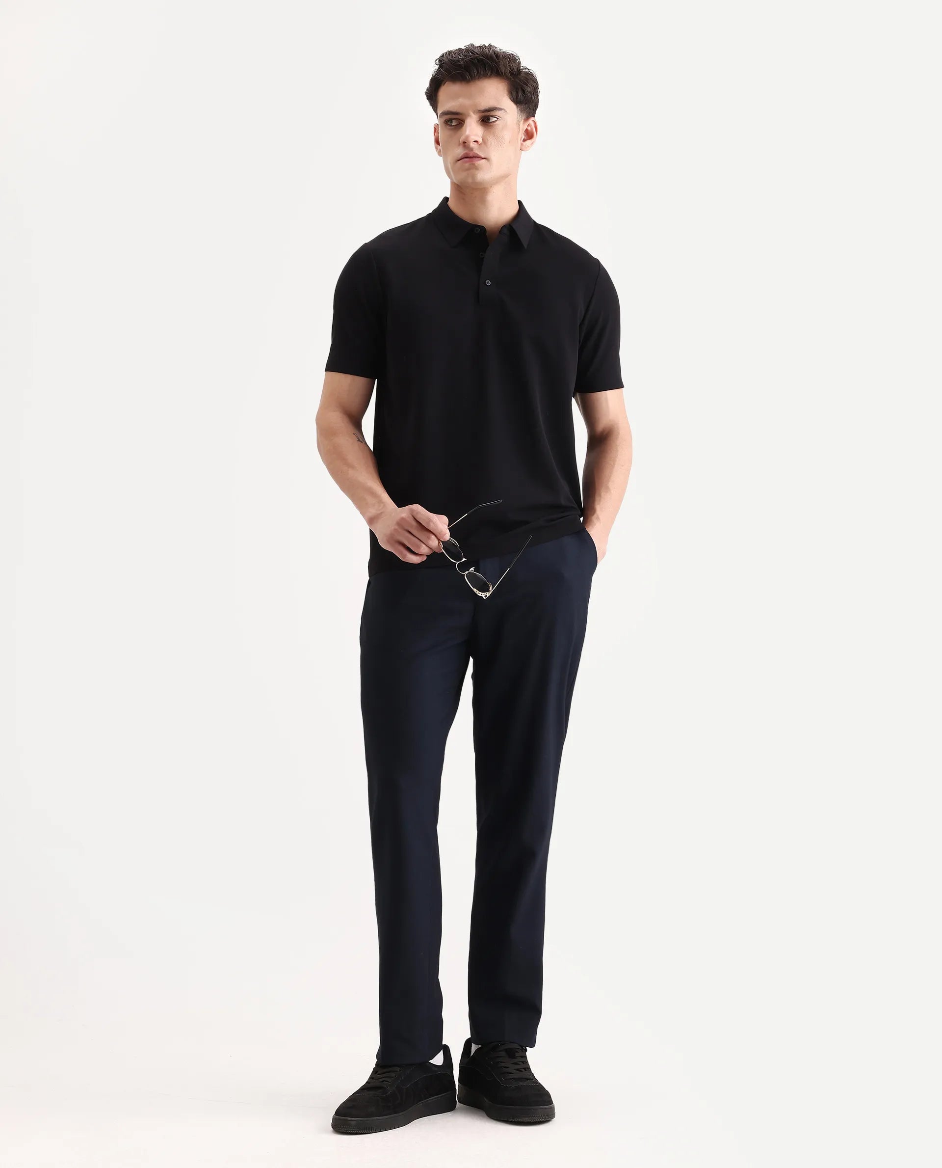 Rare Rabbit Men's Atticus Black Nylon Plain Regular Fit Half Sleeve Polo