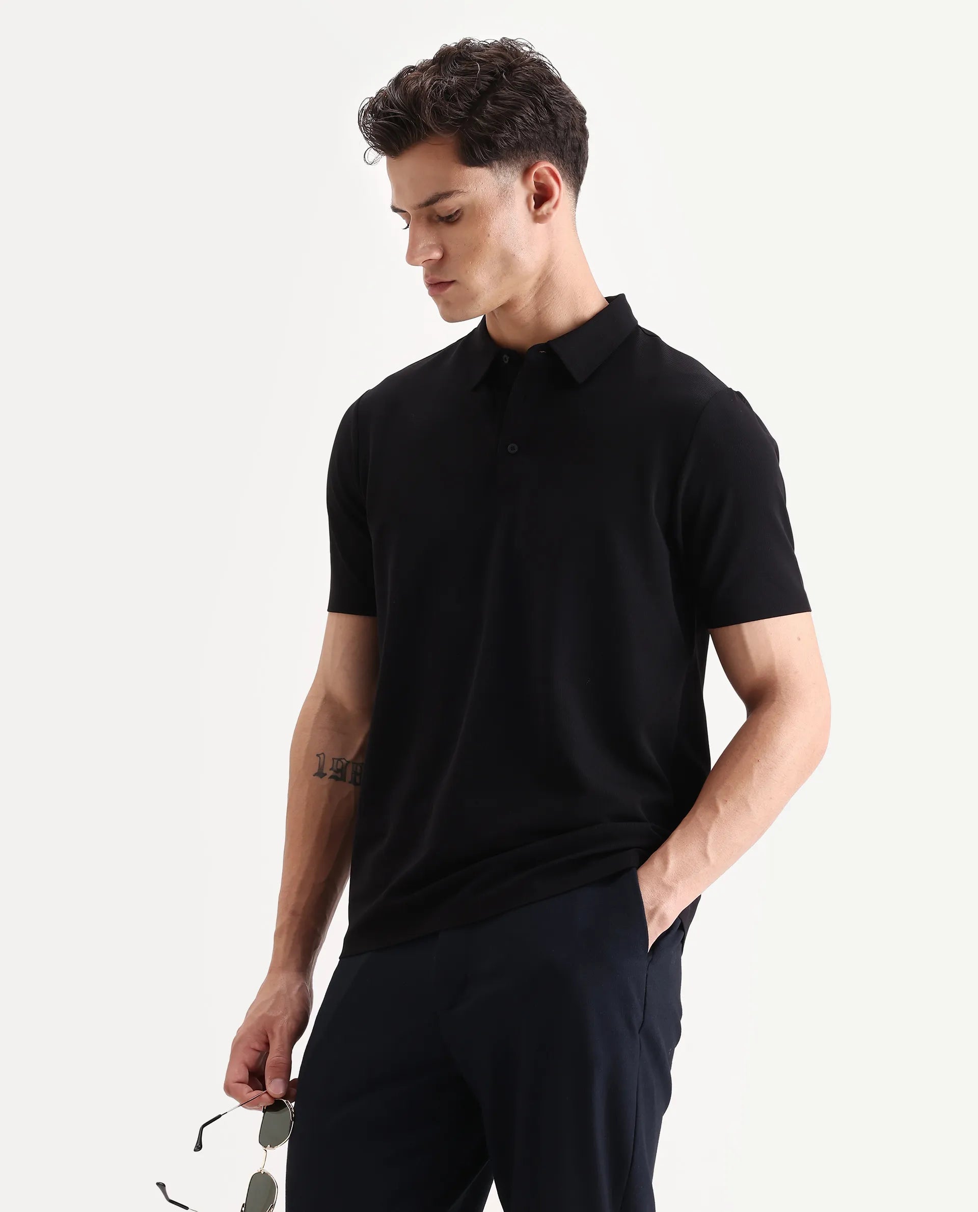 Rare Rabbit Men's Atticus Black Nylon Plain Regular Fit Half Sleeve Polo