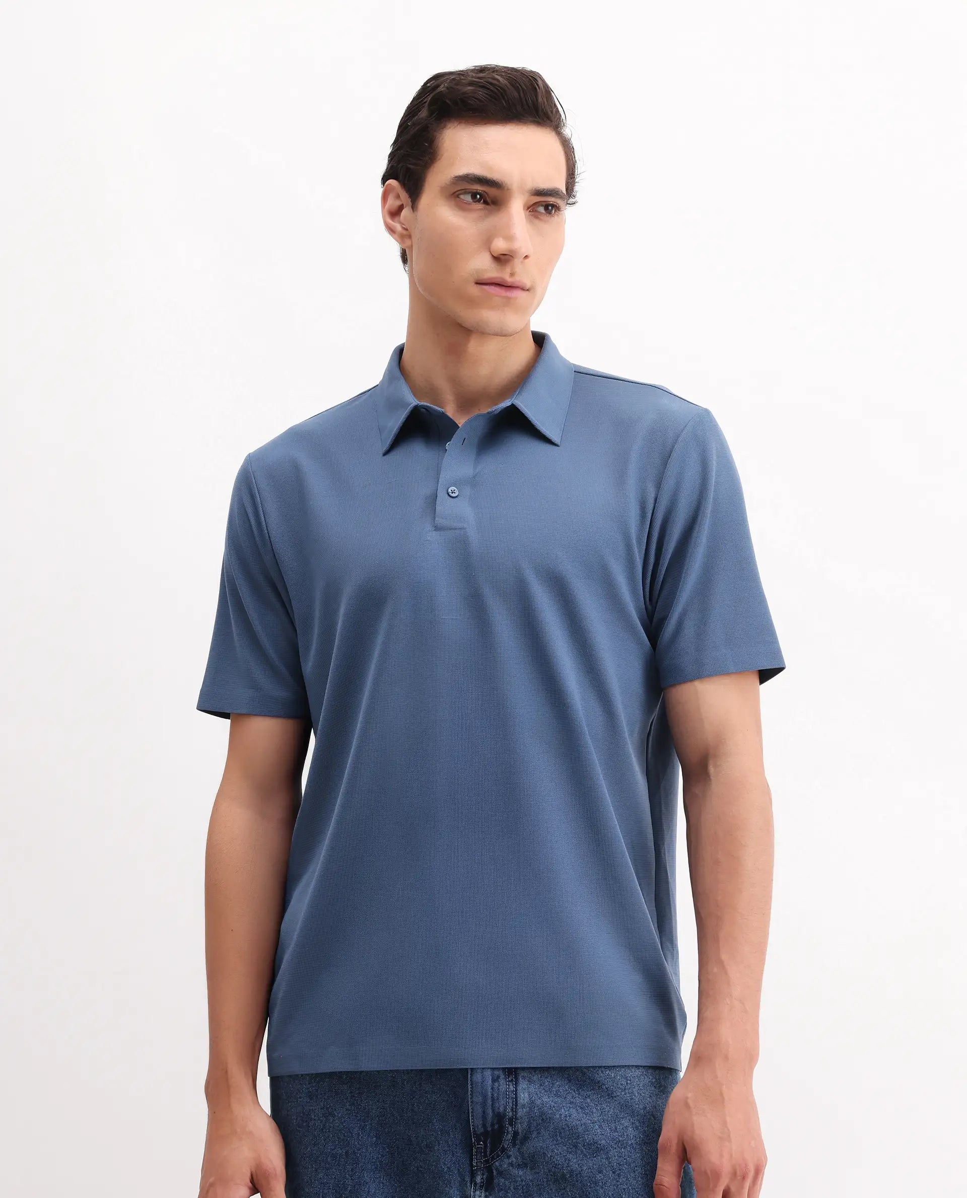 Rare Rabbit Men's Atticus Dusky Blue Nylon Plain Regular Fit Half Sleeve Polo