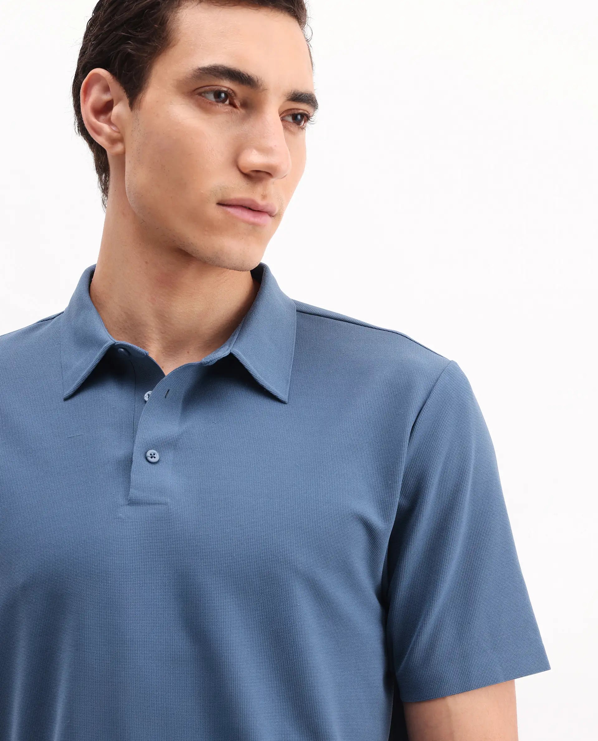 Rare Rabbit Men's Atticus Dusky Blue Nylon Plain Regular Fit Half Sleeve Polo