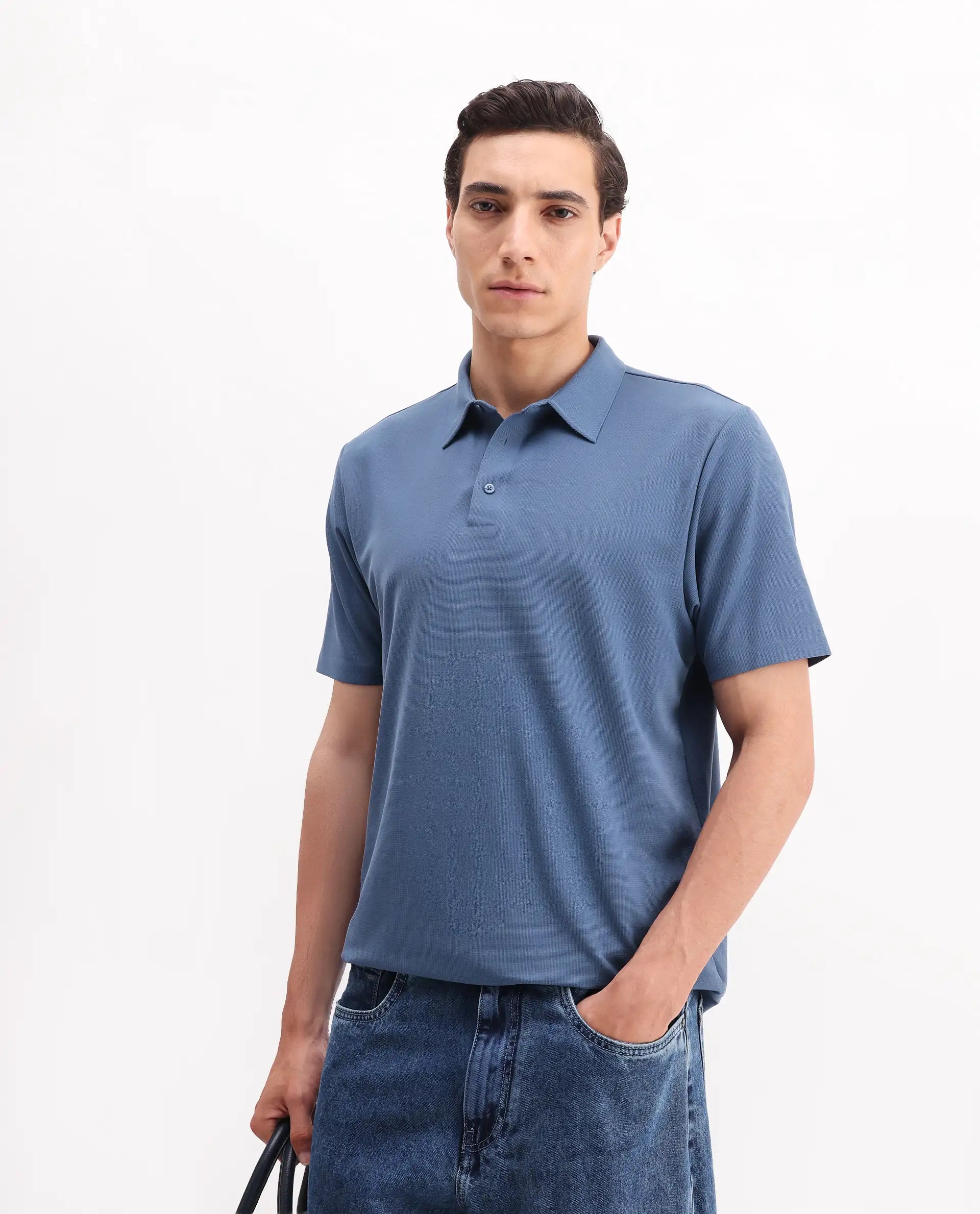 Rare Rabbit Men's Atticus Dusky Blue Nylon Plain Regular Fit Half Sleeve Polo