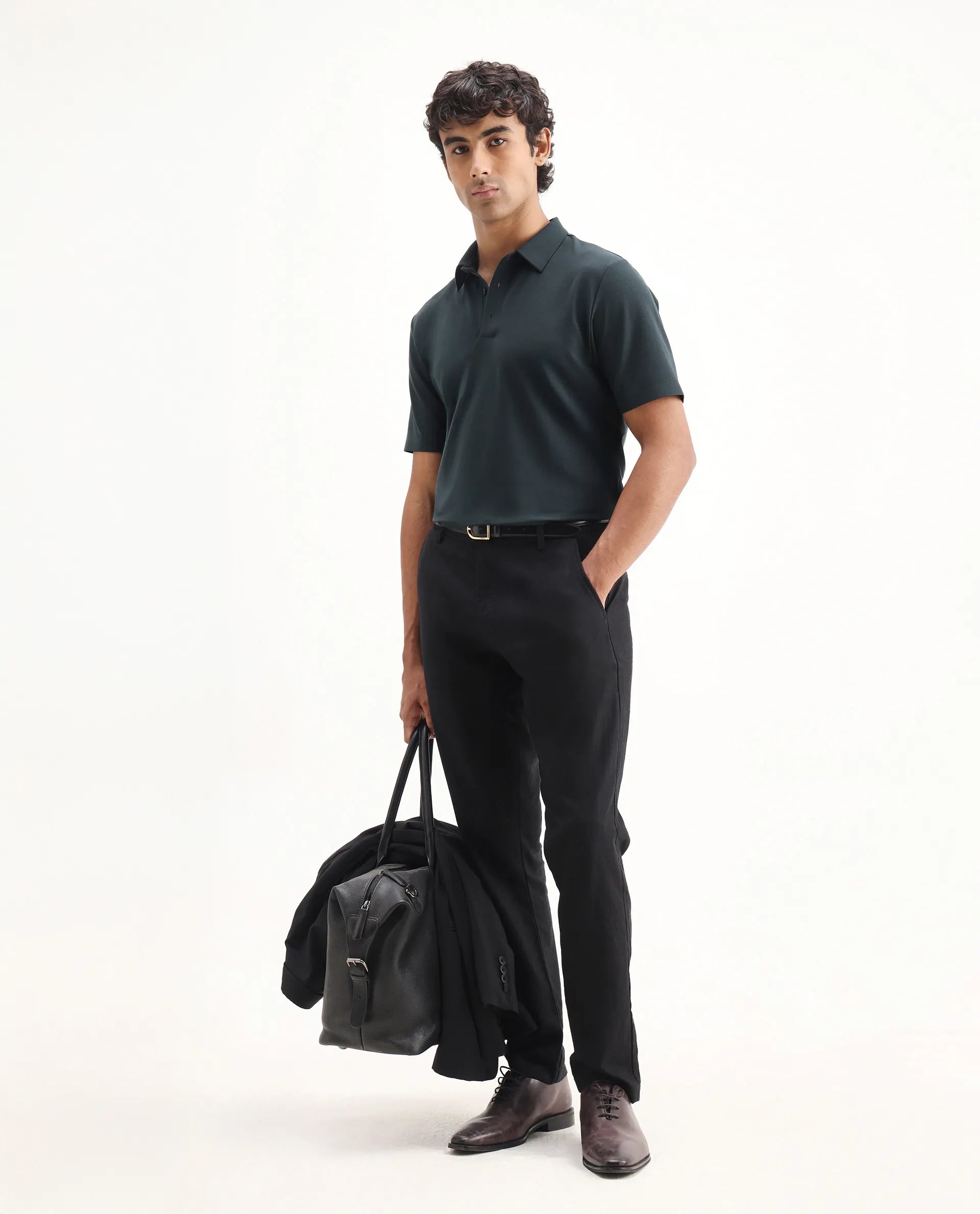 Rare Rabbit Men's Atticus Petrol Nylon Plain Regular Fit Half Sleeve Polo