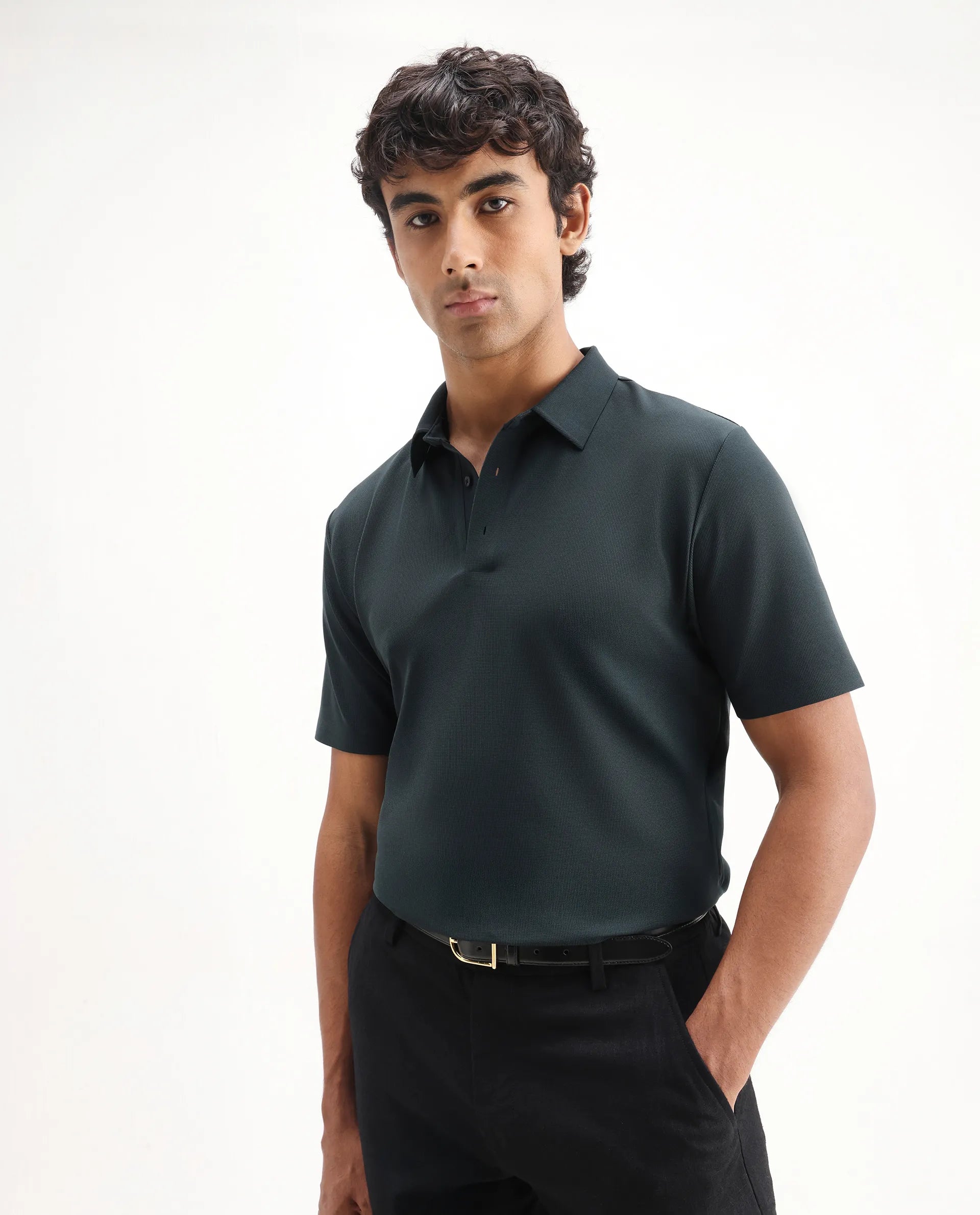 Rare Rabbit Men's Atticus Petrol Nylon Plain Regular Fit Half Sleeve Polo