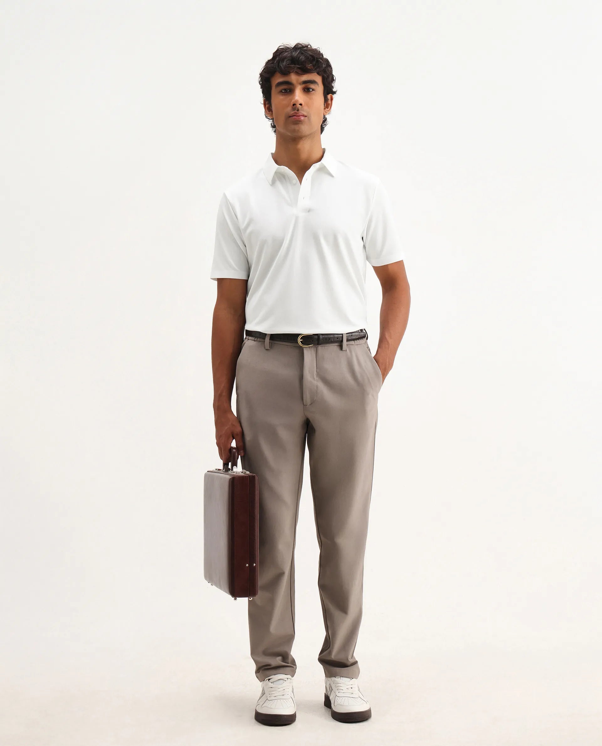 Rare Rabbit Men's Atticus White Nylon Plain Regular Fit Half Sleeve Polo