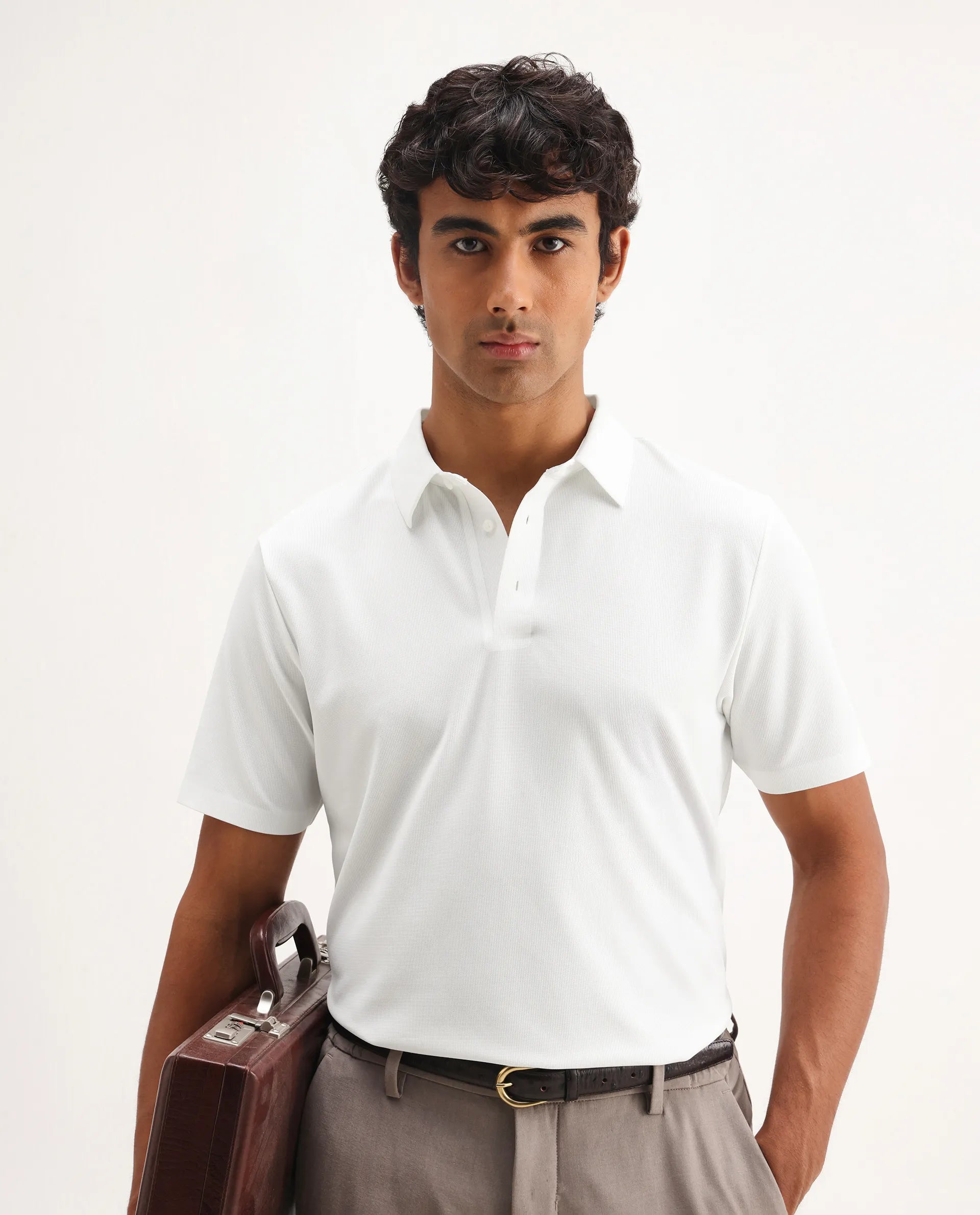 Rare Rabbit Men's Atticus White Nylon Plain Regular Fit Half Sleeve Polo