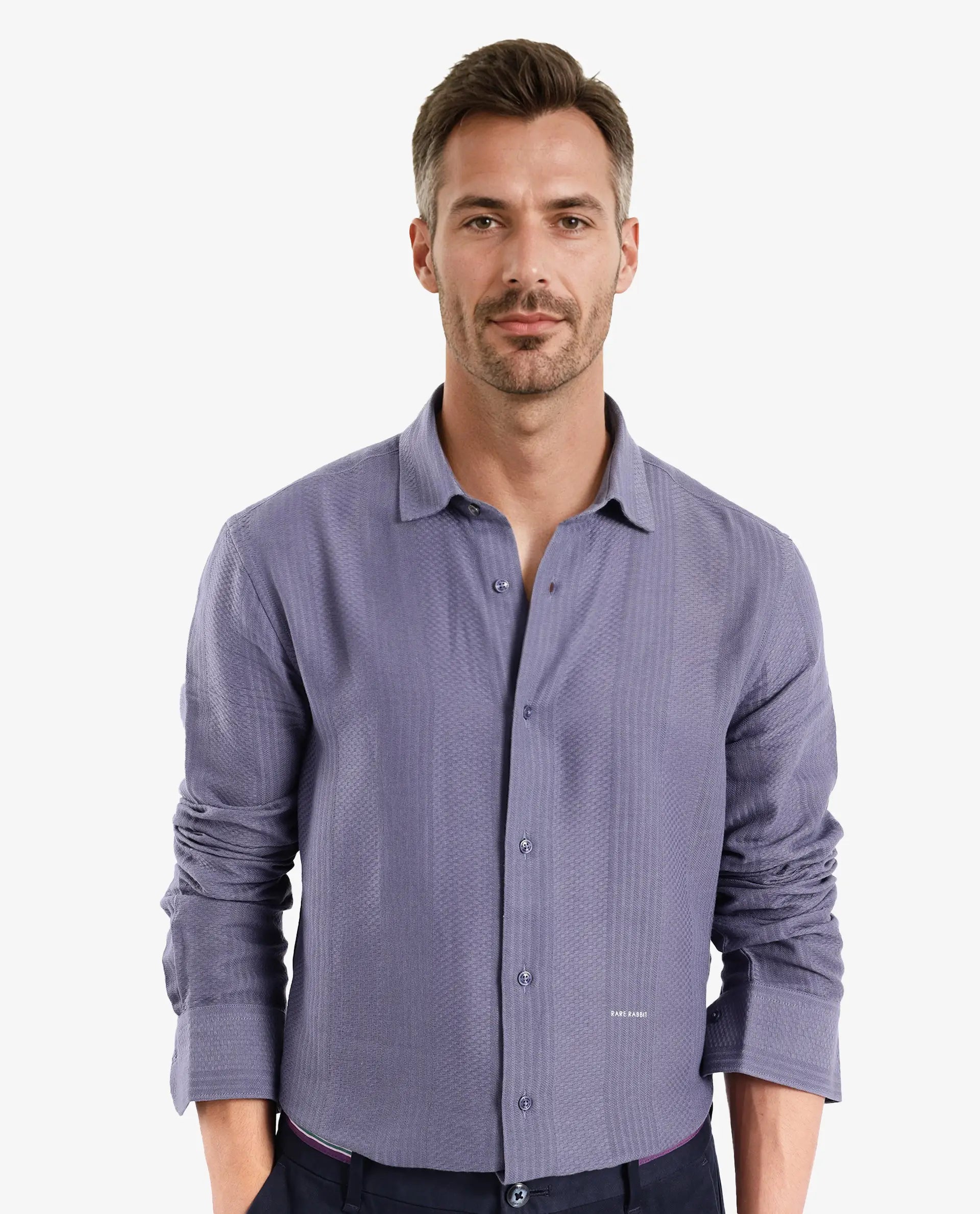 Rare Rabbit Men Aube Dusky Blue Cotton Fabric Full Sleeve Slim Fit Plain Shirt