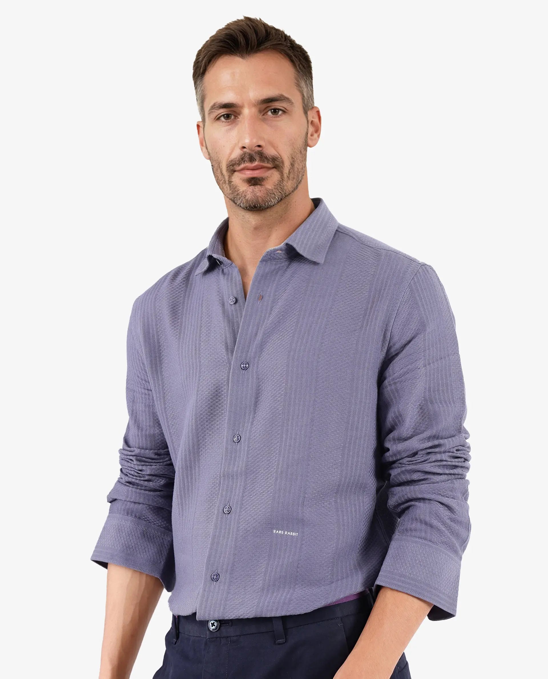 Rare Rabbit Men Aube Dusky Blue Cotton Fabric Full Sleeve Slim Fit Plain Shirt