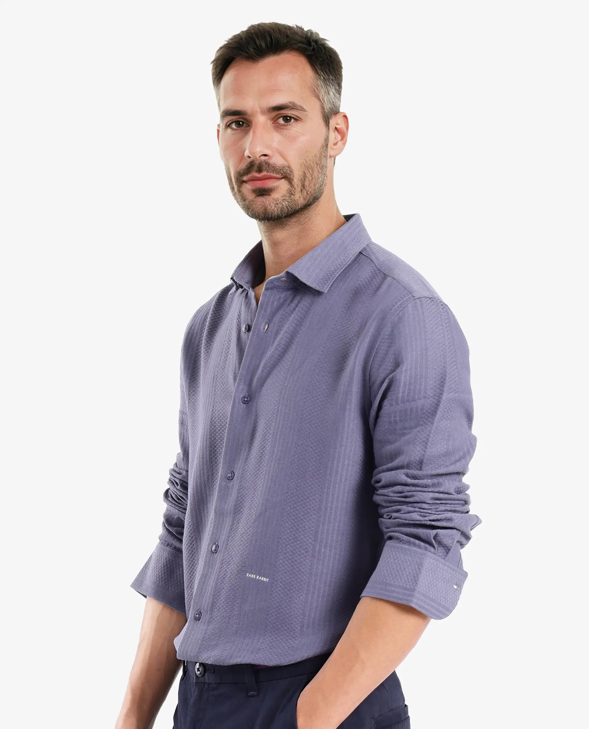 Rare Rabbit Men Aube Dusky Blue Cotton Fabric Full Sleeve Slim Fit Plain Shirt