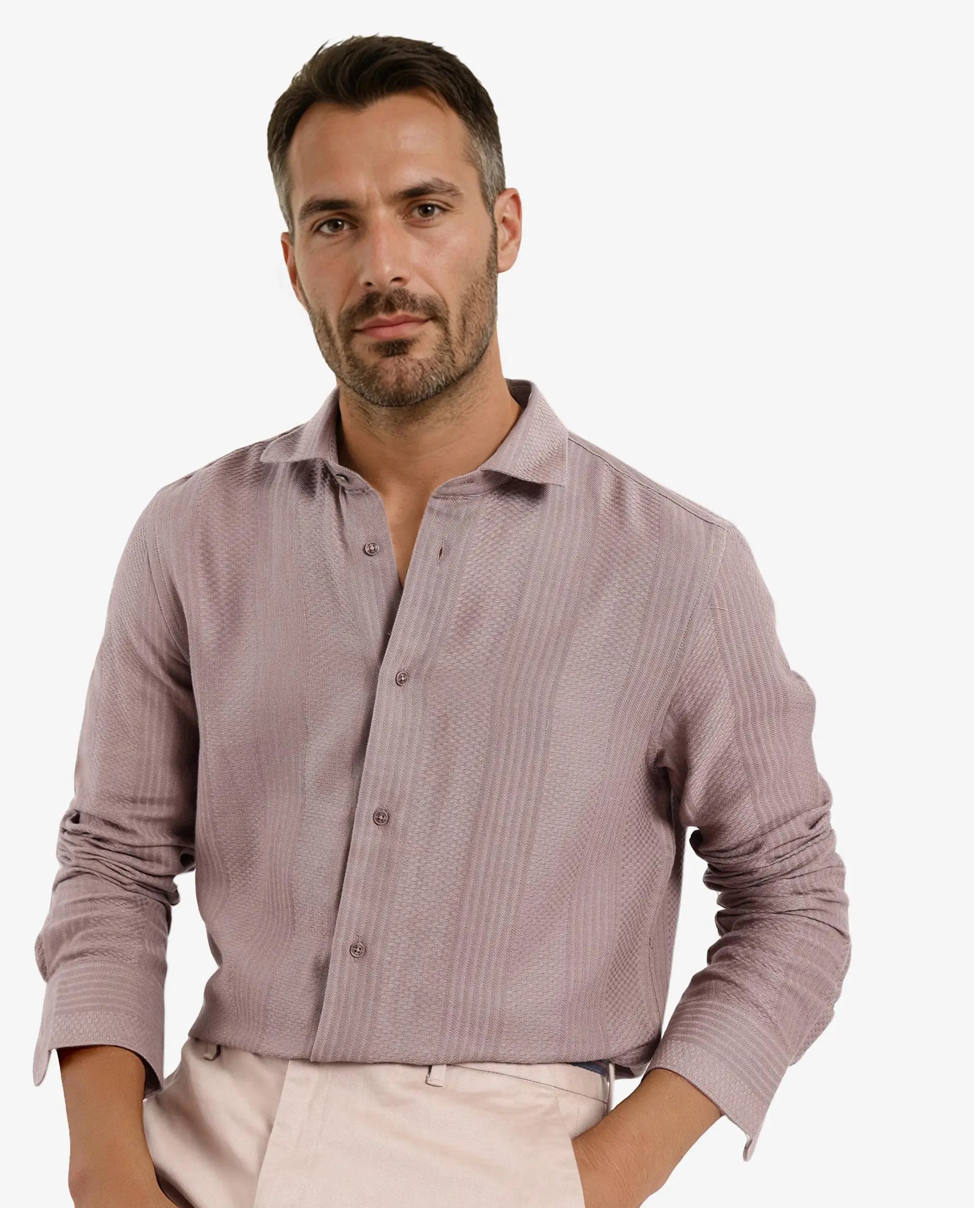 Rare Rabbit Men Aube Light Brown Cotton Fabric Full Sleeve Slim Fit Plain Shirt