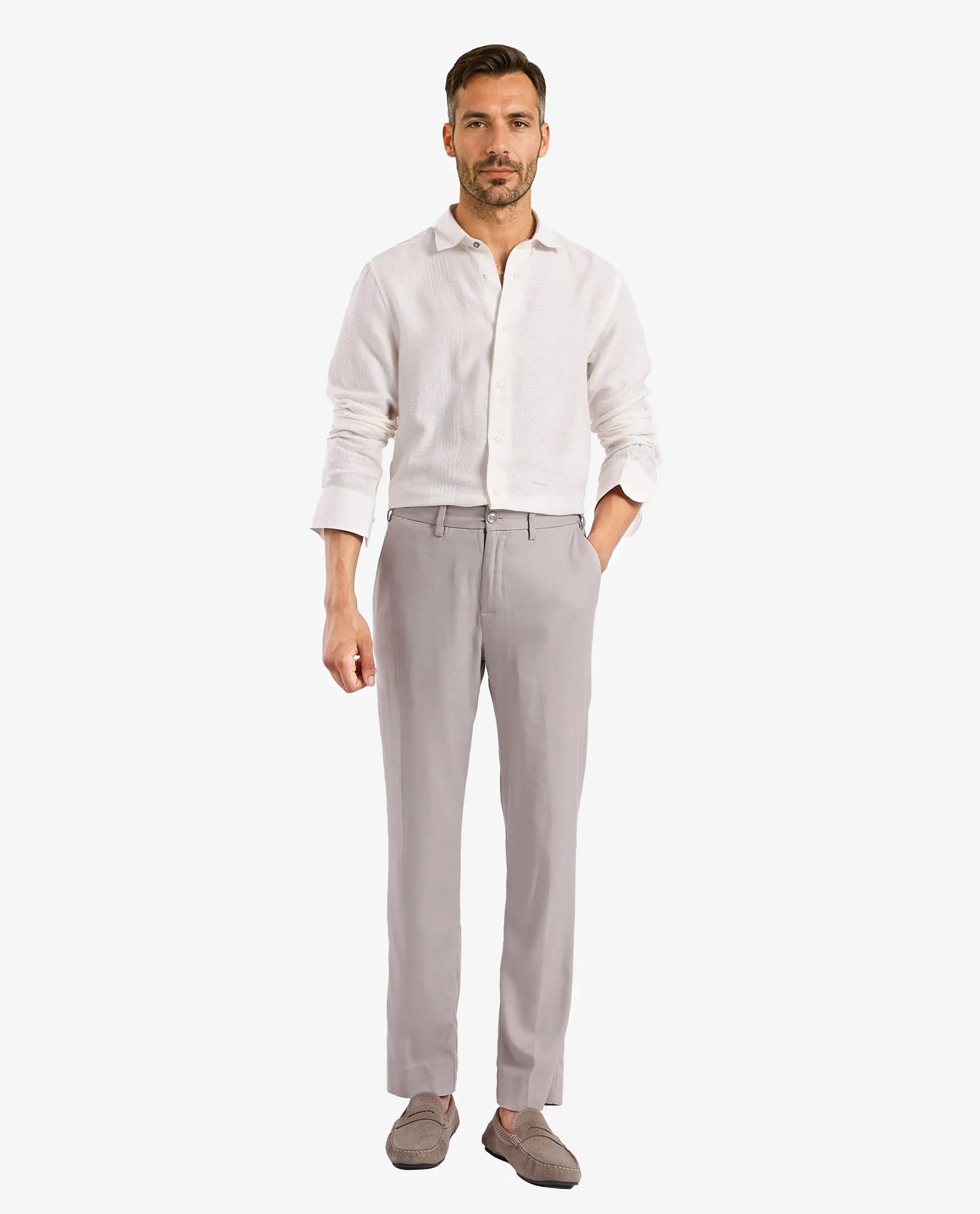 Rare Rabbit Men Aube Off White Cotton Fabric Full Sleeve Slim Fit Plain Shirt