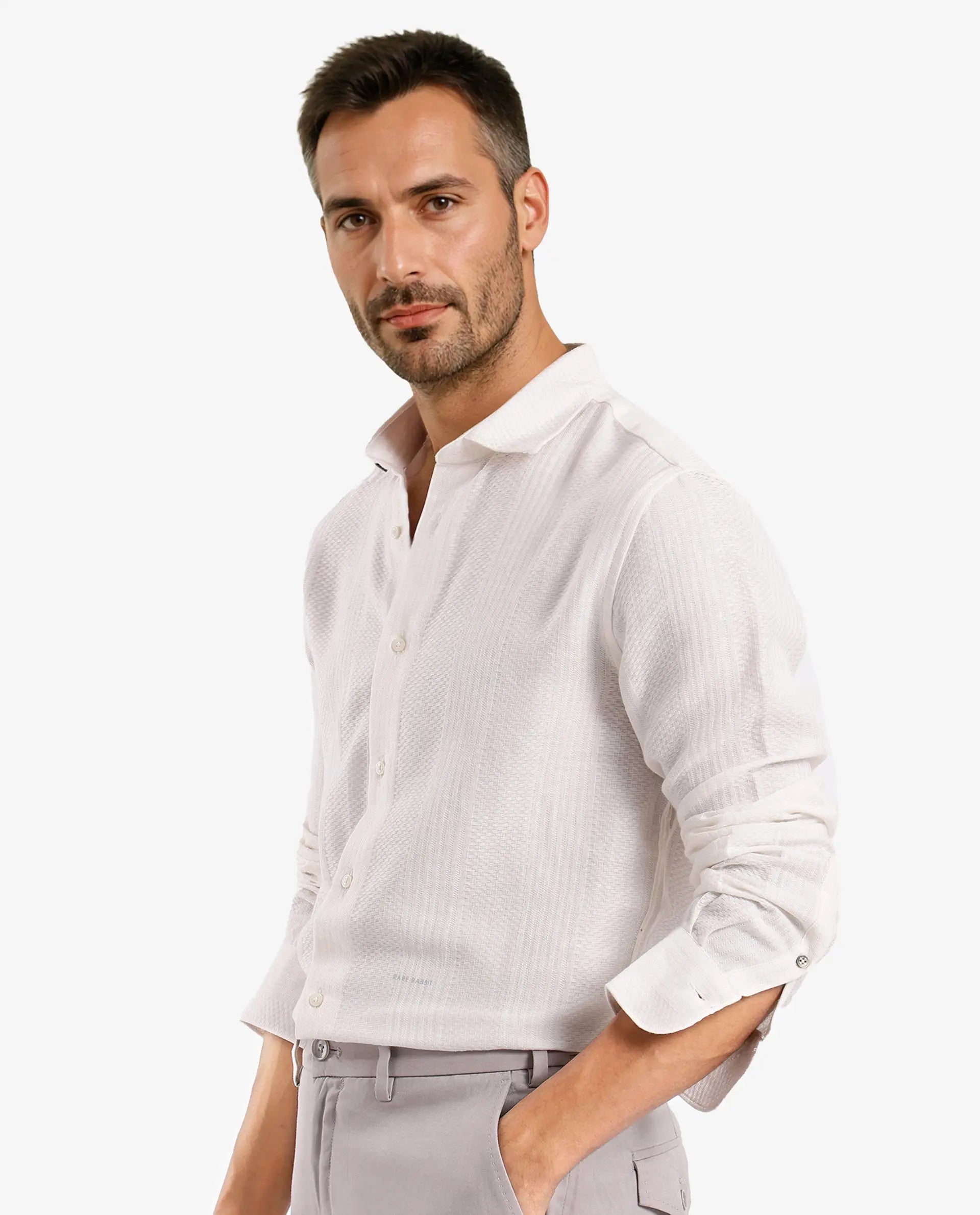 Rare Rabbit Men Aube Off White Cotton Fabric Full Sleeve Slim Fit Plain Shirt